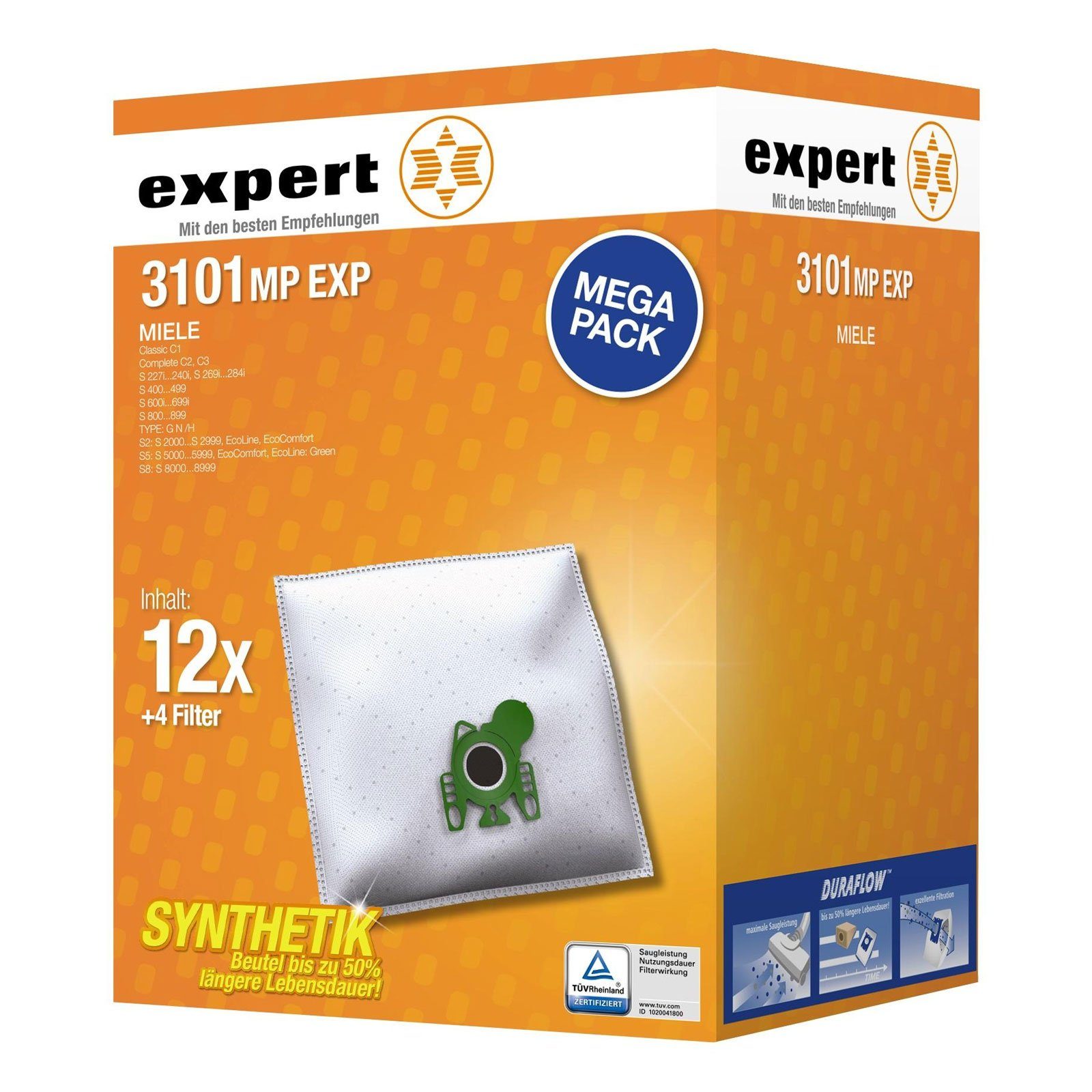 Expert Staubsaugerbeutel 3101MP EXP, Megapack 12 Beutel + 4 Filter passend für Miele Modelle