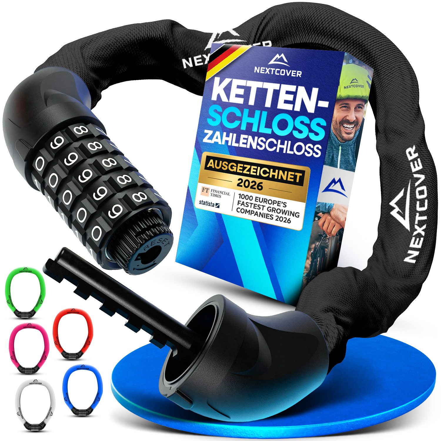 Nextcover Kettenschloss NEXTCOVER® Fahrradschloss LockOne mit Zahlencode oder Schlüssel