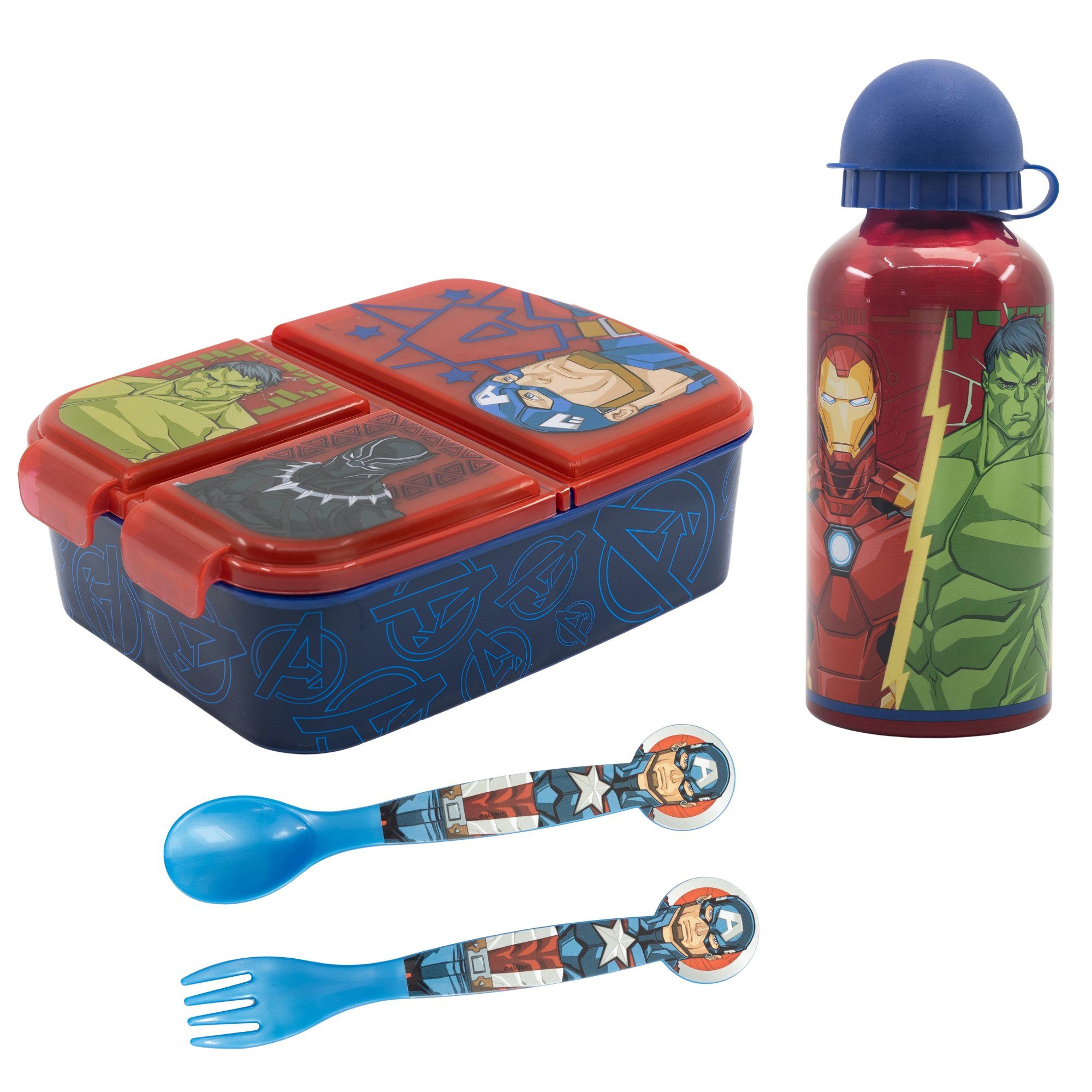 MARVEL Lunchbox Marvel Avengers Kinder Lunch Set 4tlg, (4-tlg), 3 Kammern Brotdose Alu-Trinkflasche Besteck