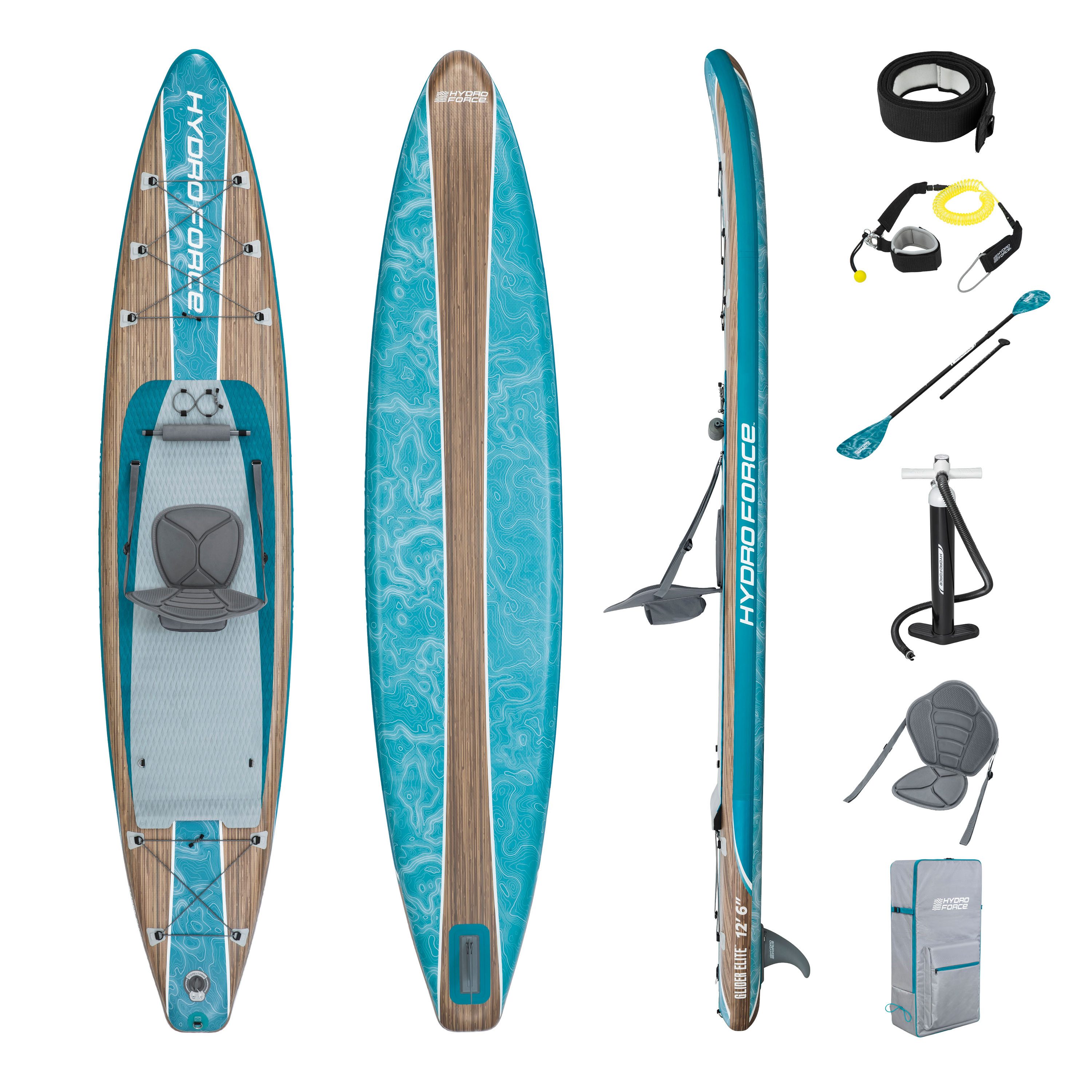 Bestway SUP-Board Hydro Force® Glider Elite™, Touring, (Set, 1 tlg., Inkl. Pumpe, Kombipaddel, Transportrucksack, Coil-Leash), 381 x 79 x 15 cm