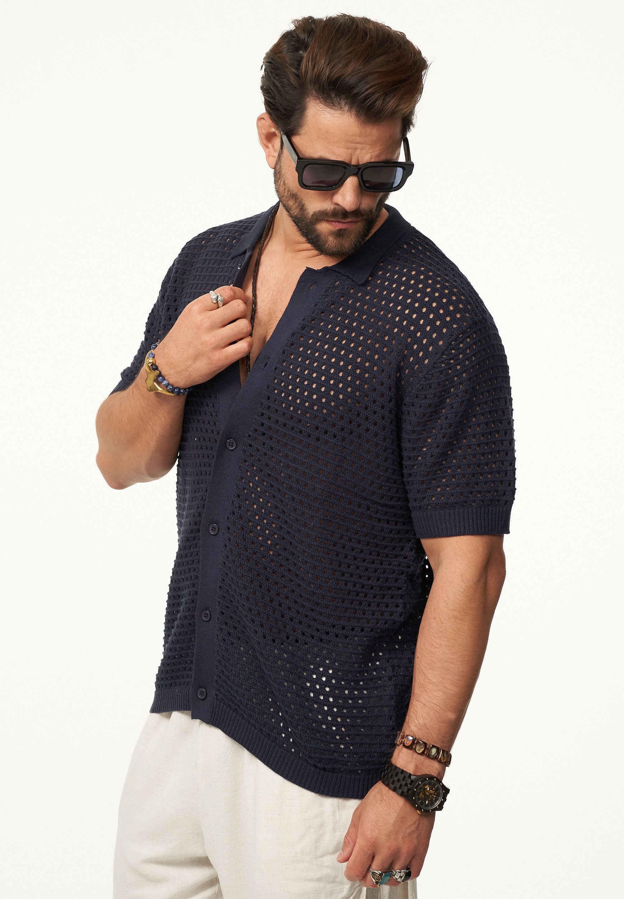 SOULSTAR Poloshirt im Crochet Vintage Summer-Look Herren Kurzarm Strick Polo-Hemd Cardigan T-Shirt