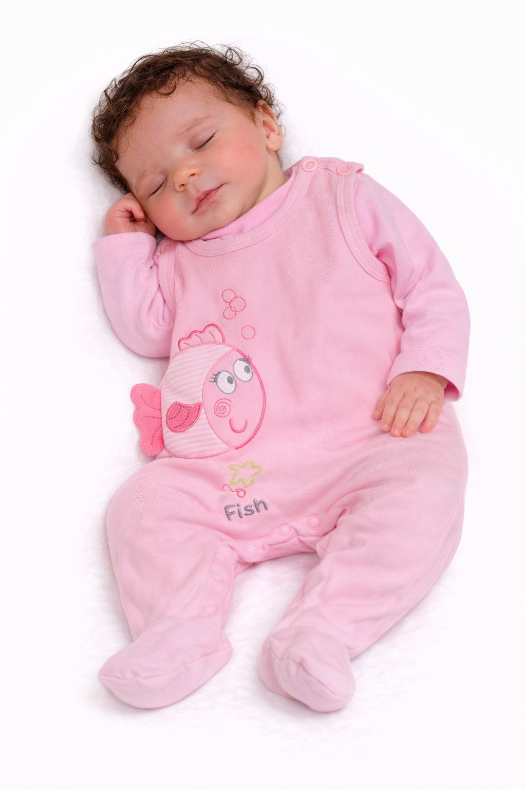 Strampler Baby Anzug in Rosa Stramplerhose Langarmshirt mit Fisch