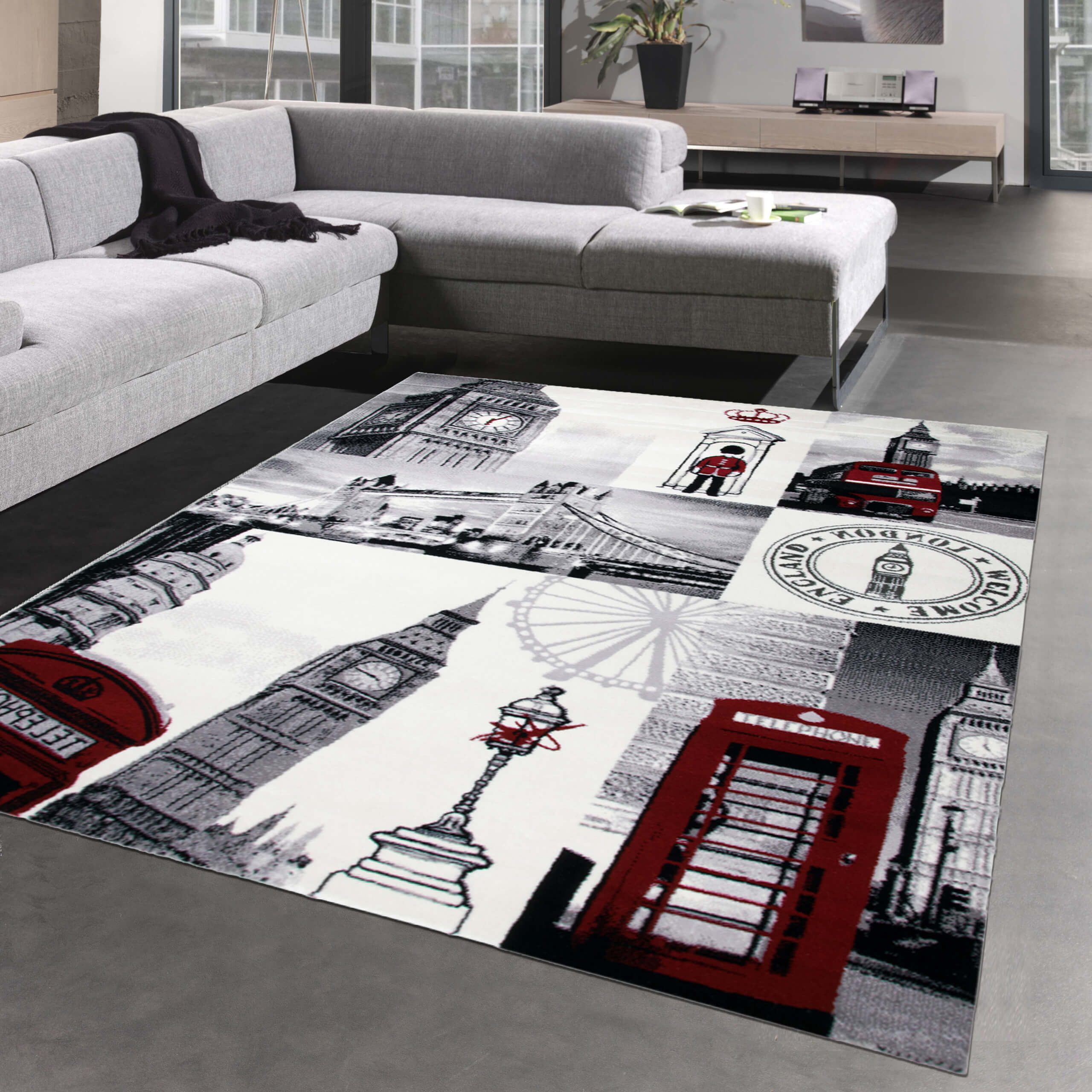 Carpetia Teppich Designteppich London Patchwork Creme Grau mit roten Highlights, rechteckig