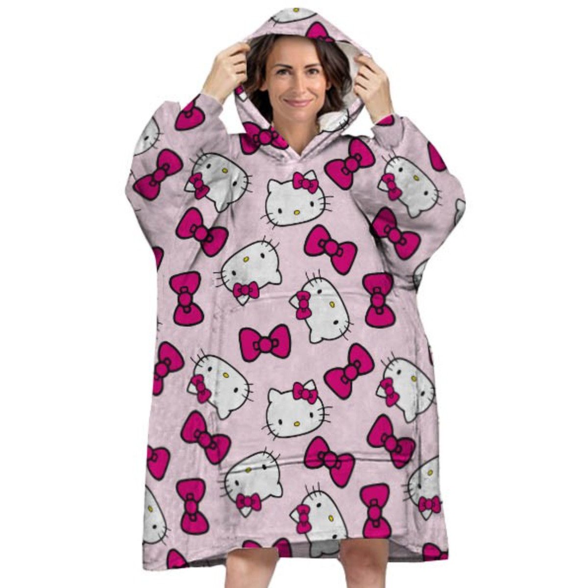 Aymax sprl Fleeceponcho Hello Kitty Sweat Poncho – Coral Fleece Kuschelponcho Erwachsene – Bild 4 von 4