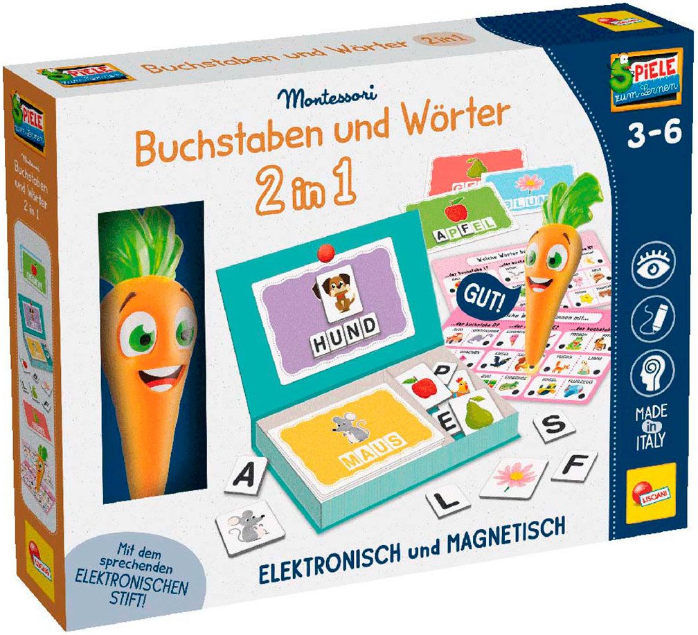 Lisciani Spiel Montessori Carotina - Buchstaben und Wörter 2 in 1, Lernspiel, Made in Europe