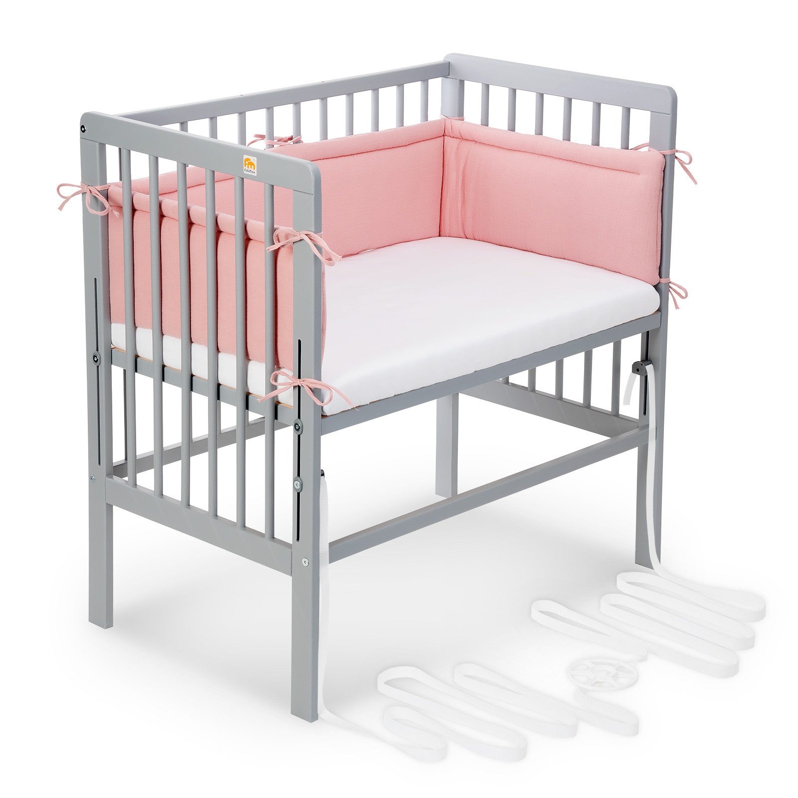 FabiMax Beistellbett Babybett Boxspring grau, 90 x 55 cm Liegefläche, aus Buchenholz, Stufenlos höhenverstellbar 40-73 cm, Holz-Lattenrost