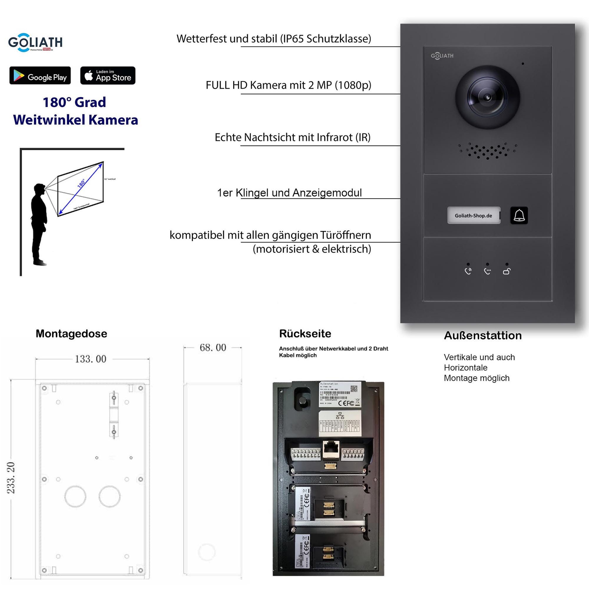 Goliath Intercom Video-Türsprechanlage Goliath IP Video Türsprechanlage mit Kamera 10-Zoll Anthrazit (Privat oder Gewerblich)