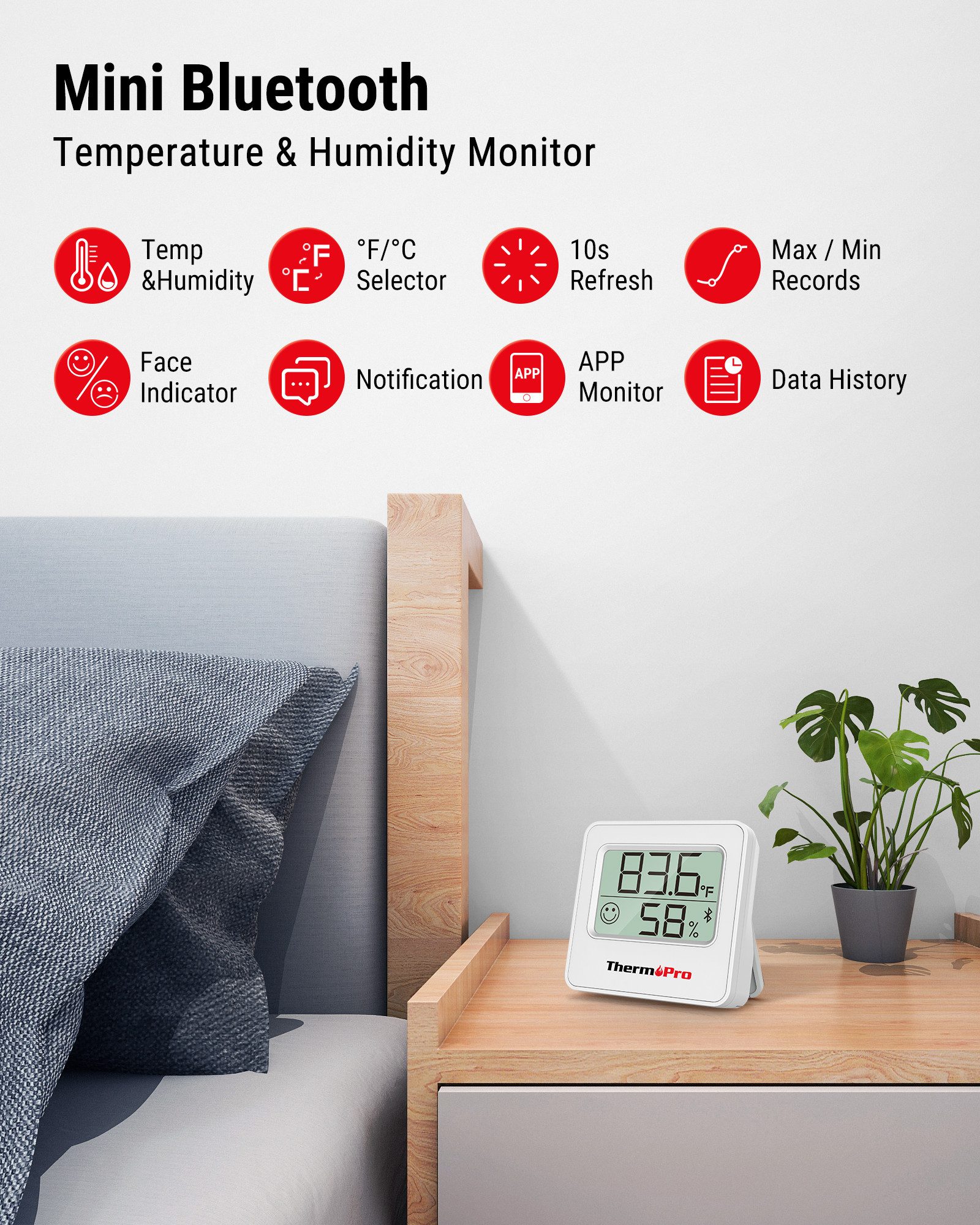 ThermoPro Hygrometer TP357 Bluetooth Thermo-Hygrometer, (1-St), Bluetooth-Thermo-Hygrometer mit App, 80 m Reichweite, Alarm