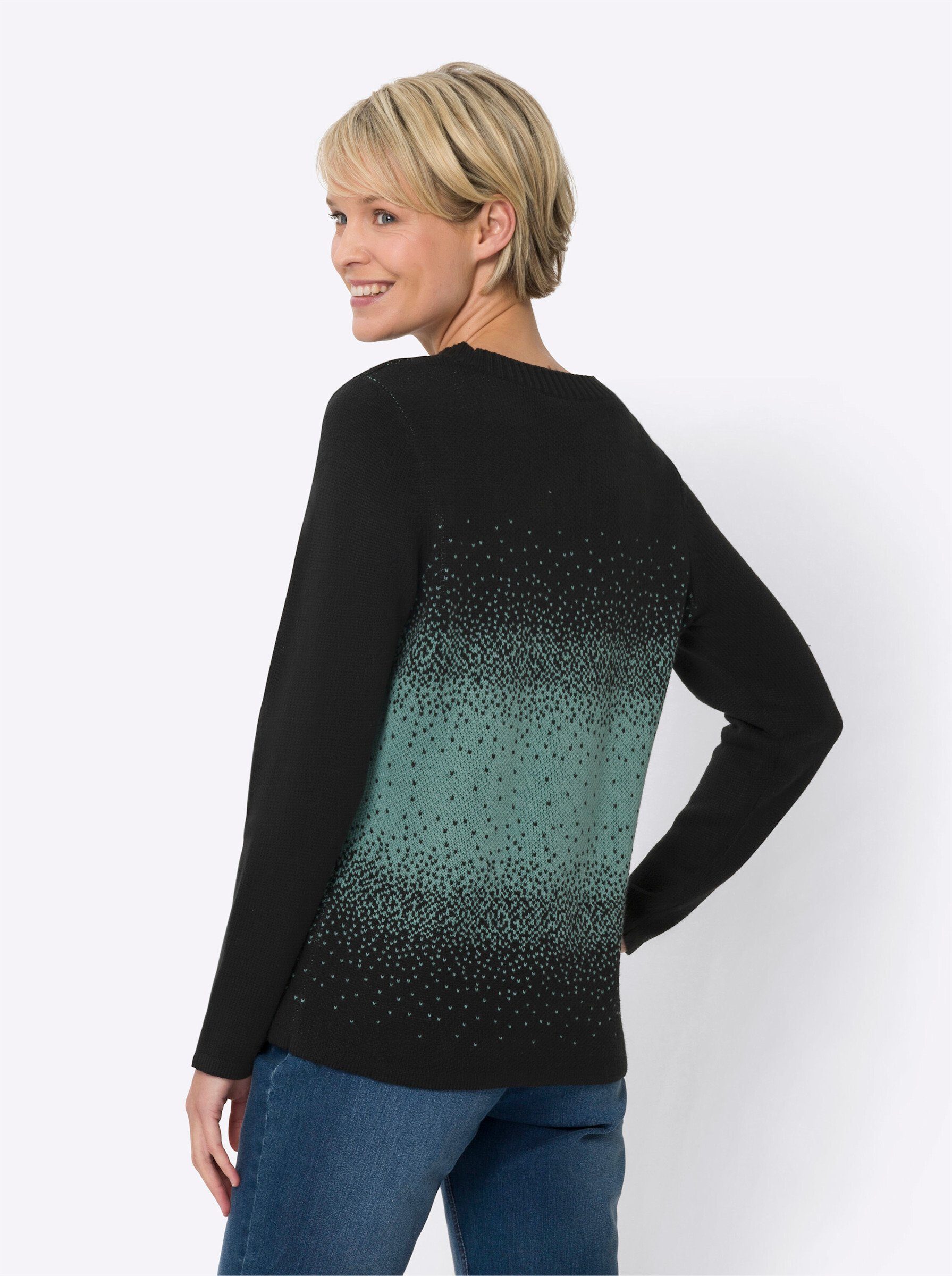 Strickpullover schwarz-salbei-gemustert an! Sieh