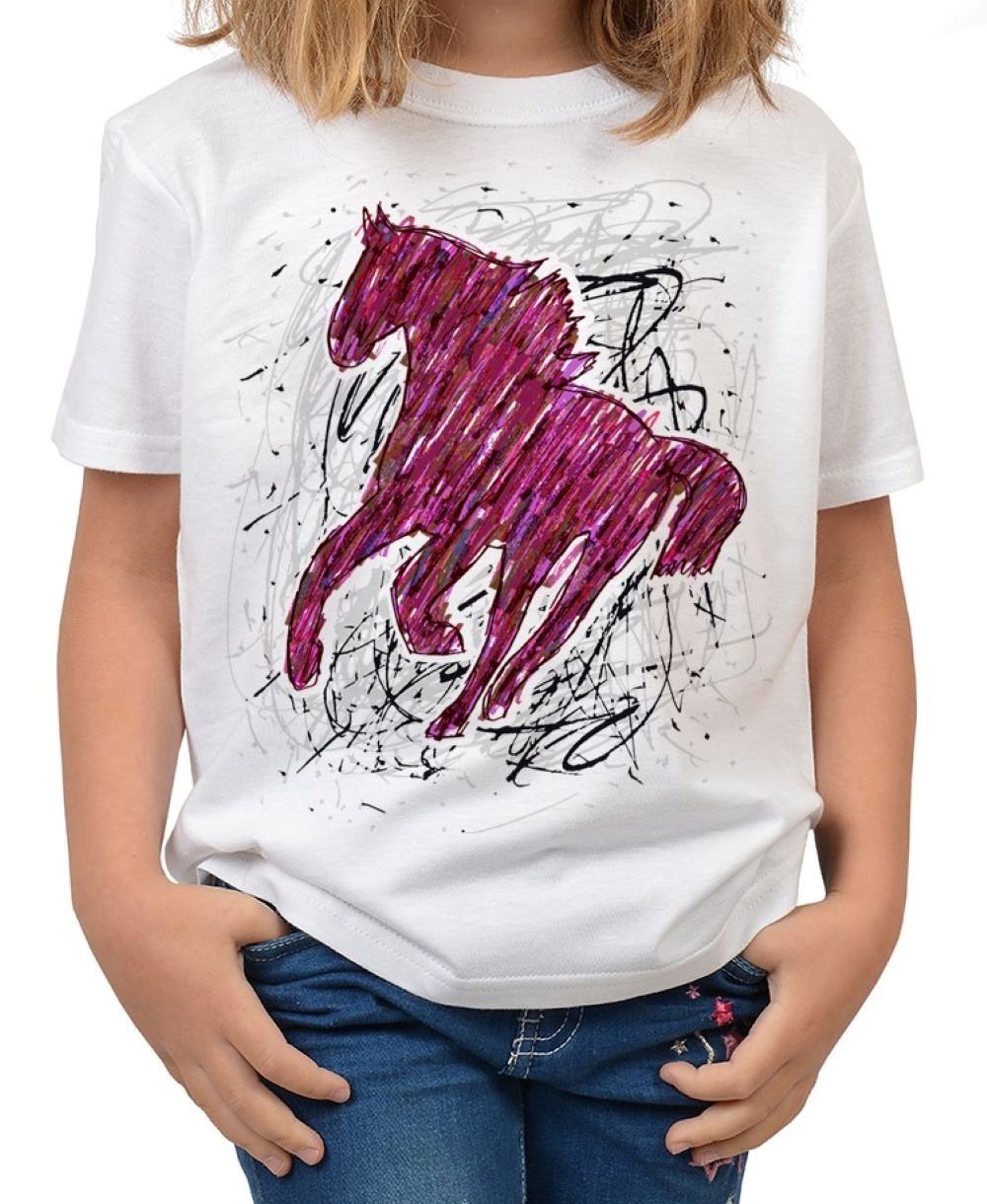 T-Shirt Pferde Zeichnung Kindershirt Pferde Motiv Shirt Kindershirt : Pferd bunt, rosa
