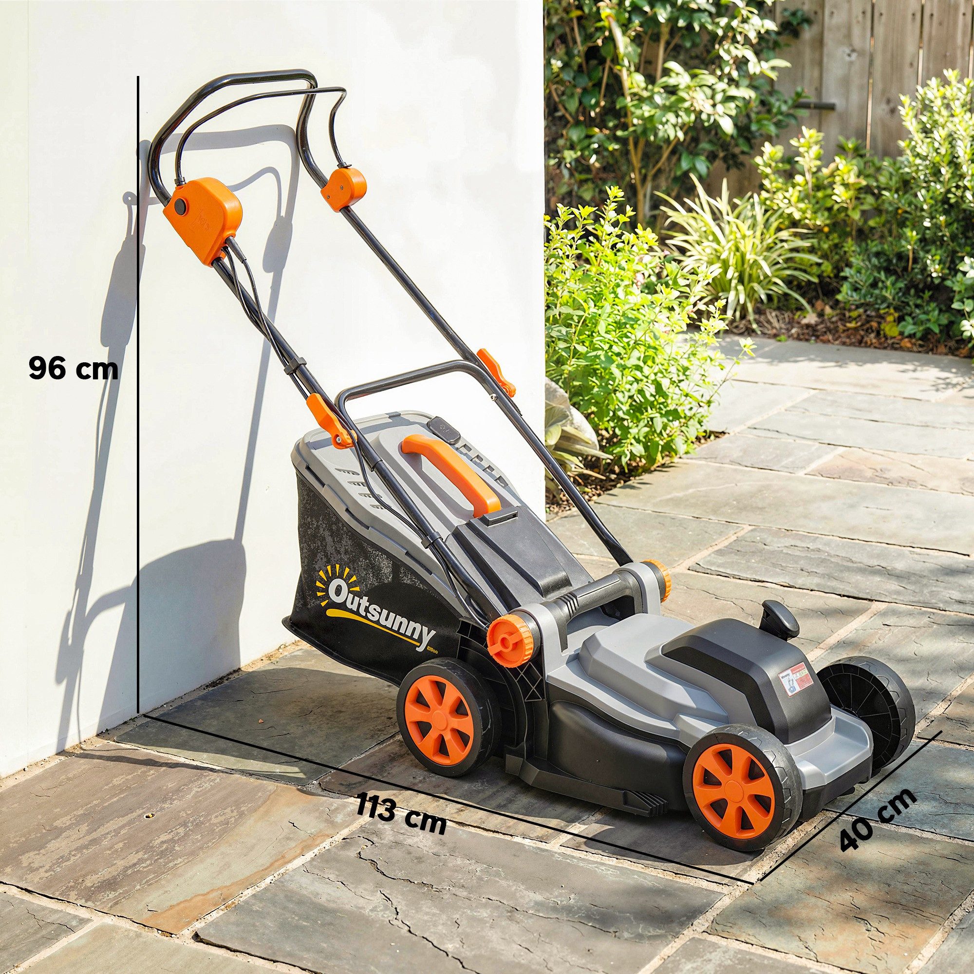Outsunny Elektrorasenmäher mit 35L Fangkorb, Mulchfunktion, 6 Schnitthöhen, 34 cm Schnittbreite, (Elektrischer Sichelmäher, Elektro Rasenmäher), für Rasen
