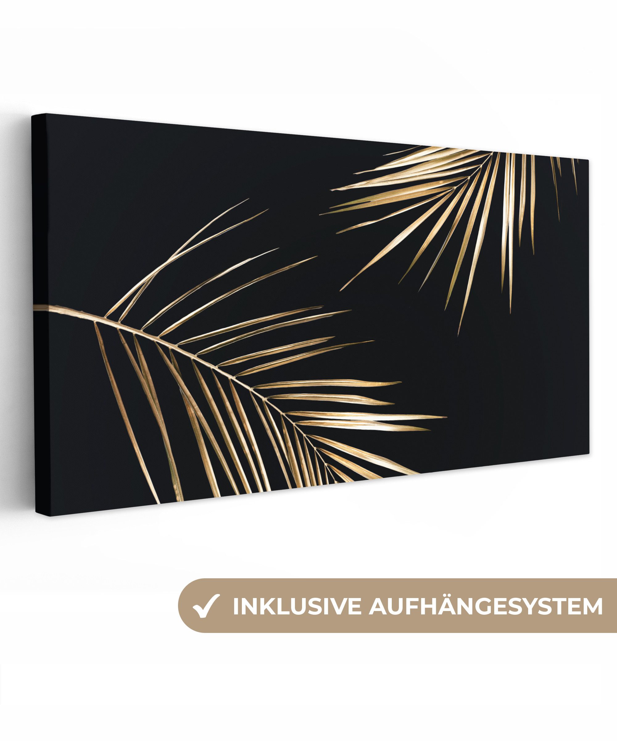 OneMillionCanvasses® Leinwandbild Panorama Blätter - Pflanzen - Gold - Schwarz - Luxus, Fotodruck (1 St), Wandbild, Deko Schlafzimmer Wohnzimmer Flur 40x20 cm