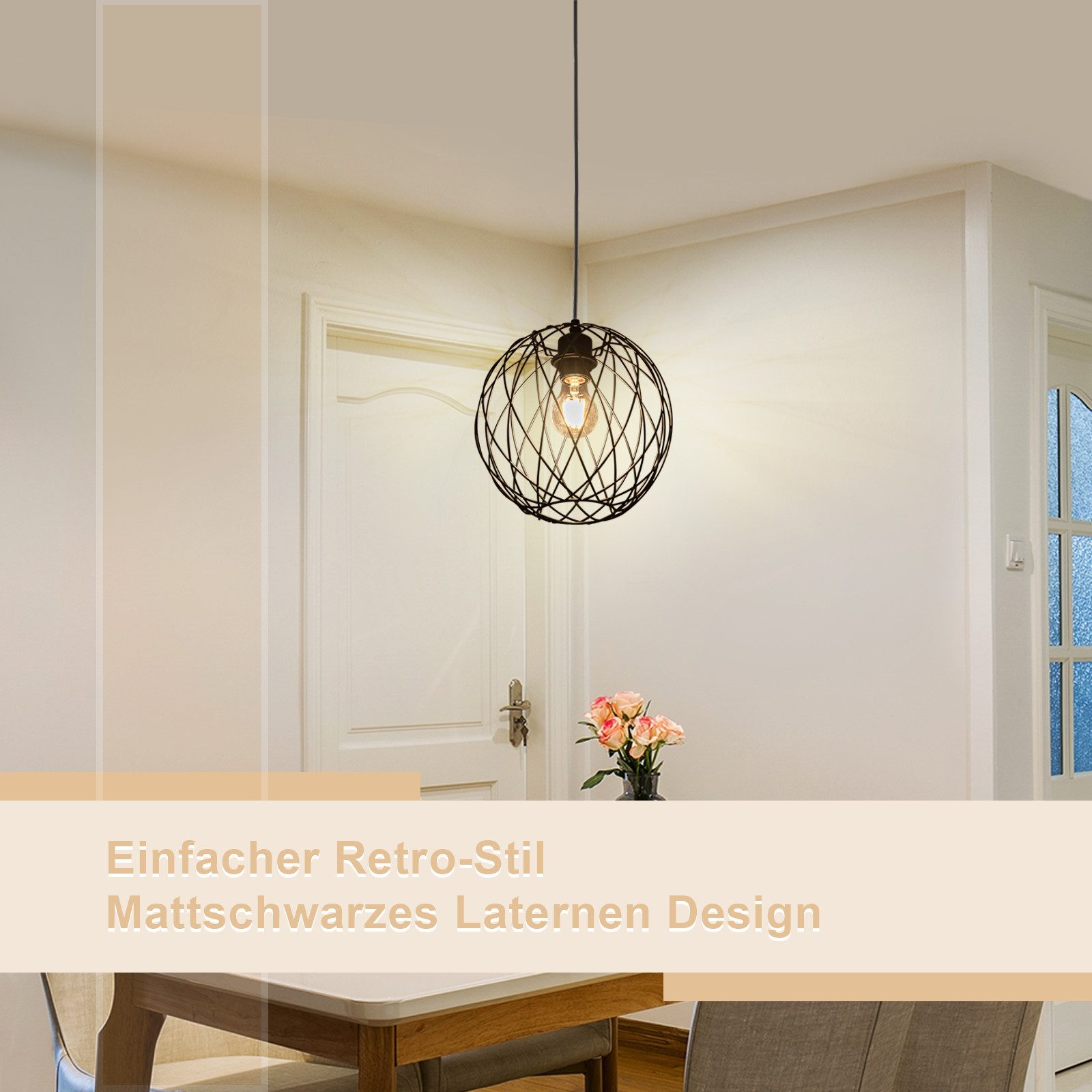 ZMH Pendelleuchte Esszimmer 120CM Schwarz Retro Käfig Gitter E27 Hängeleuchte Flur, ohne Leuchtmittel, Rund, 1 Flammig Retro Esstischlampe Wohnzimmer Treppenhau – Bild 5 von 5