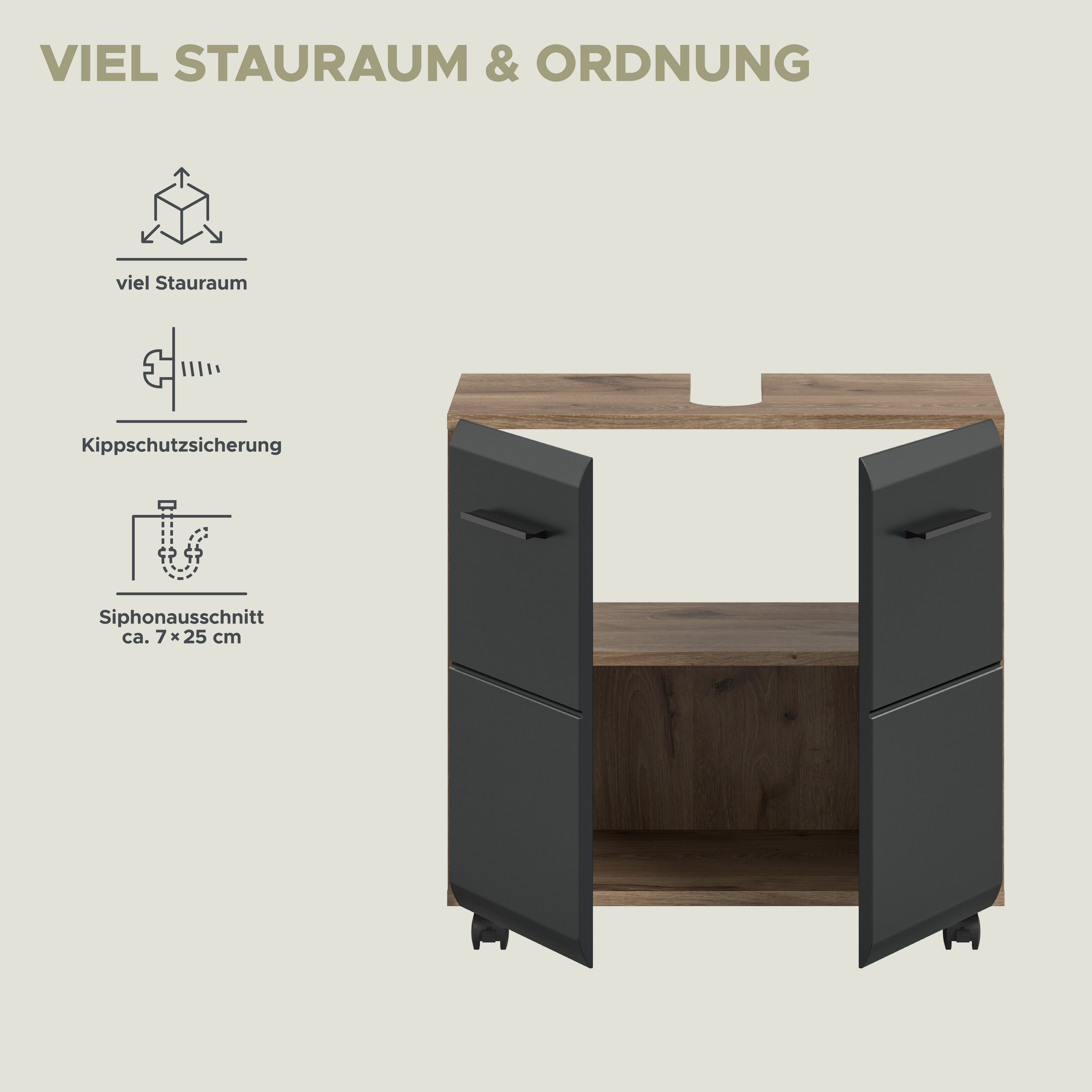 welltime Waschbeckenunterschrank FLORENZ, Breite 60cm, inkl. Siphonausschnitt, mit Türen oder Schüben (TOPSELLER) hochwertige MDF Front, Griff schwarz, Badschra – Bild 4 von 5