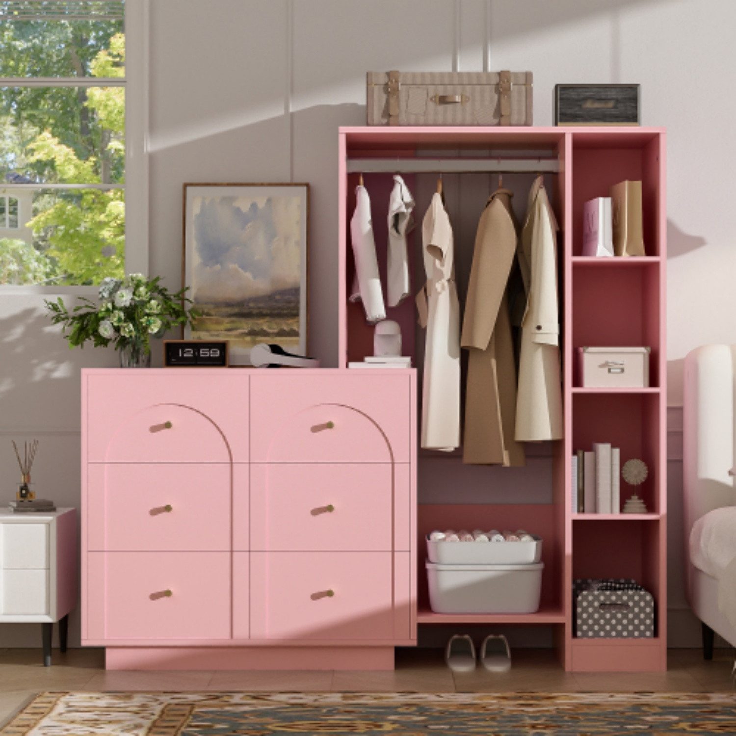 ANYSUN Kleiderschrank Offener Kleiderschrank mit Kleiderstange, 6 Schubladen & 4 Fächern 139 × 35 × 133 cm, platzsparend für Schlafzimmer & kleine Räume