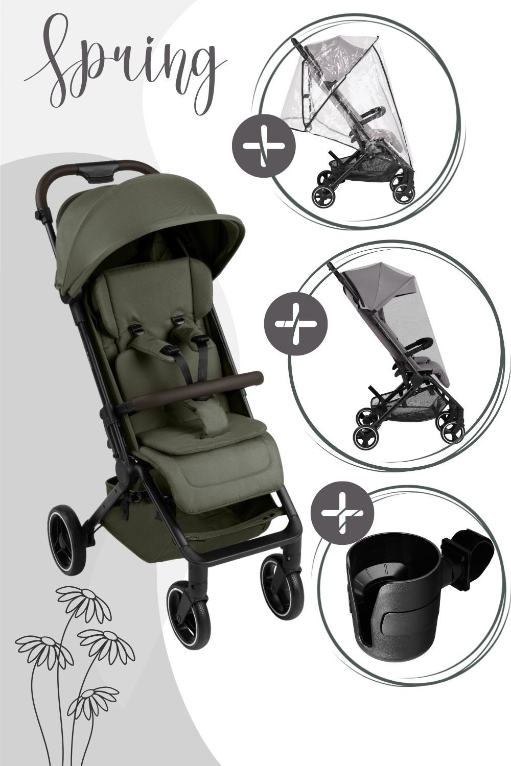 ABC Design Kinder-Buggy Ping 3 Trekking 4 in 1 Set mit Becherhalter, Moskitonetz, Regenschutz