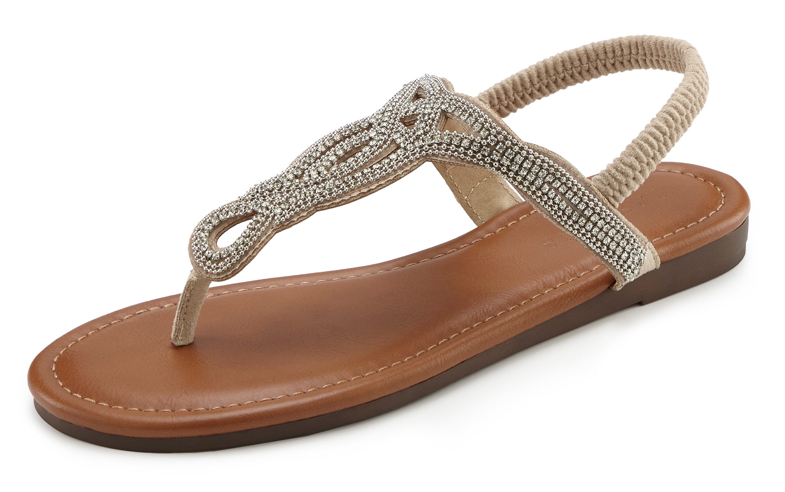 LASCANA Sommerschuh, offener Schuh, Zehentrenner Sandale, Pantolette mit Schmucksteinen in Glitzer-Optik VEGAN