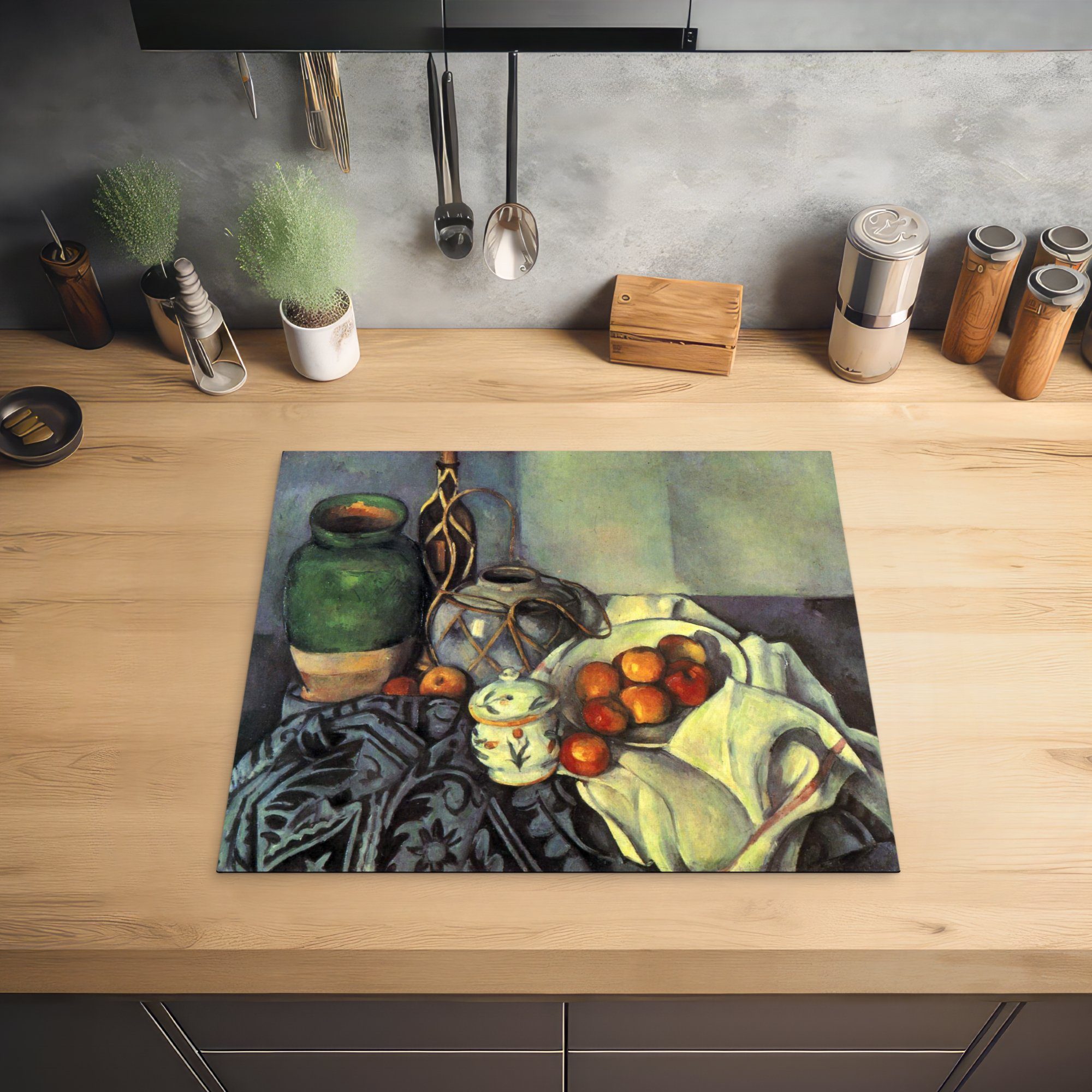 (1 60x52 - Gemälde, Arbeitsfläche Stilleben mit tlg), Vinyl, cm, MuchoWow nutzbar, Äpfeln Herdblende-/Abdeckplatte Paul Mobile Ceranfeldabdeckung Cézanne