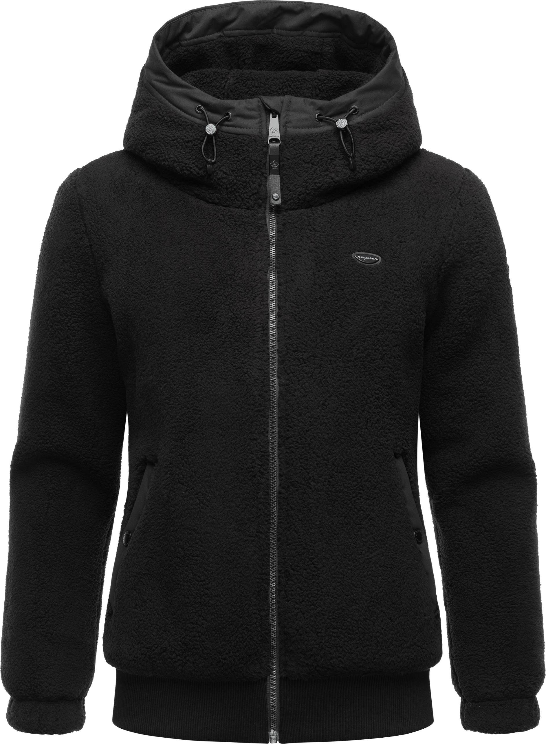 und mit Short schwarz Teddyfell Kapuze Übergangsjacke Cousy Ragwear flauschige Outdoorjacke