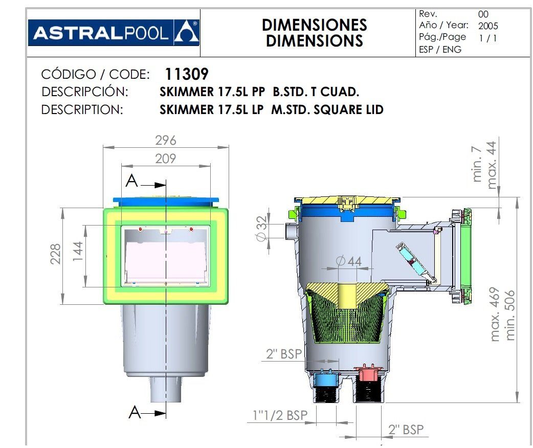Astralpool Skimmer Astral Pool Oberflächenabsauger 17,5 Liter Breitmaulskimmer 296mm