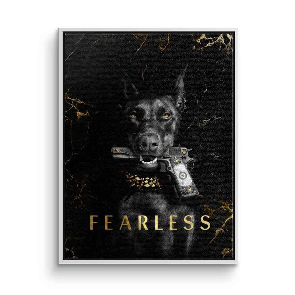 DOTCOMCANVAS® Leinwandbild, Leinwandbild Luxury Dog Animal fearless Hund schwarz gold elegant mit weißer Rahmen