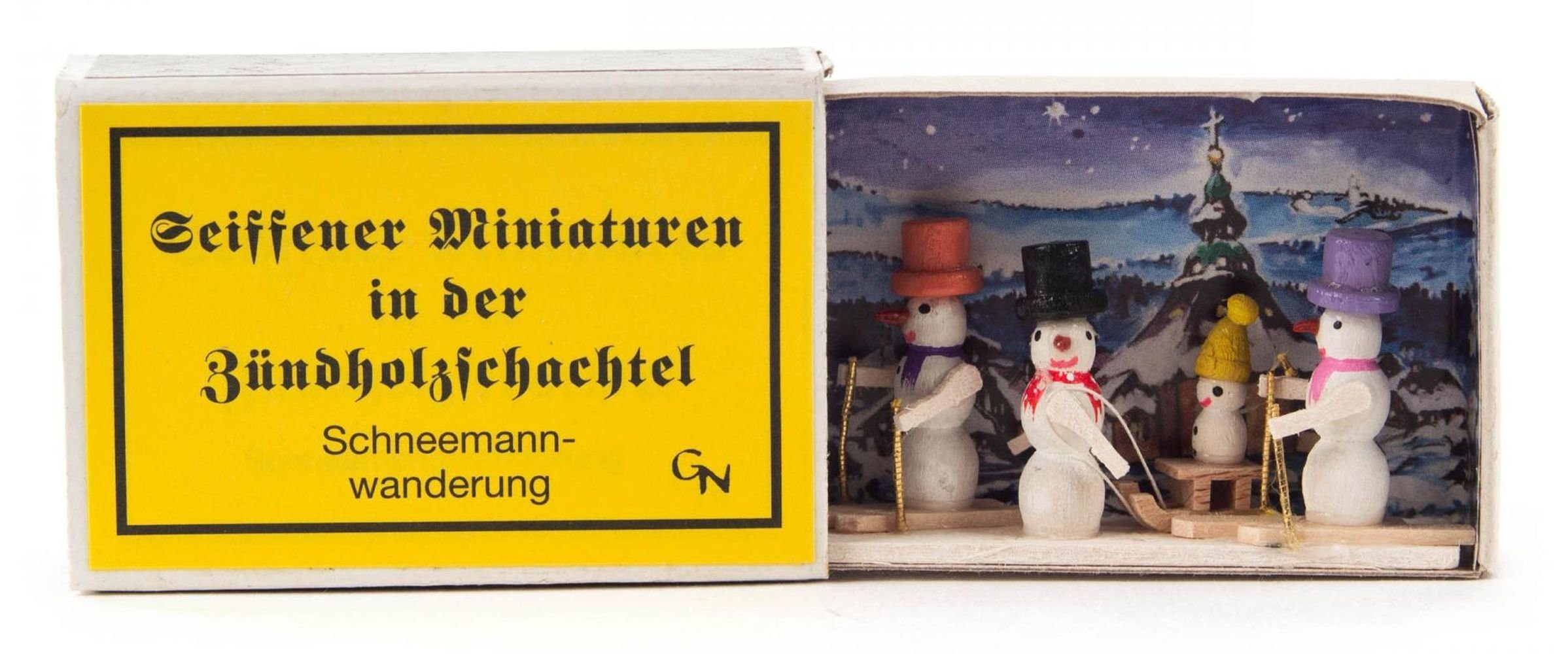 Dregeno Erzgebirge Weihnachtsfigur Zündholzschachtel Schneemannwanderung BxH = 5,5x4cm NEU, für Setzkasten