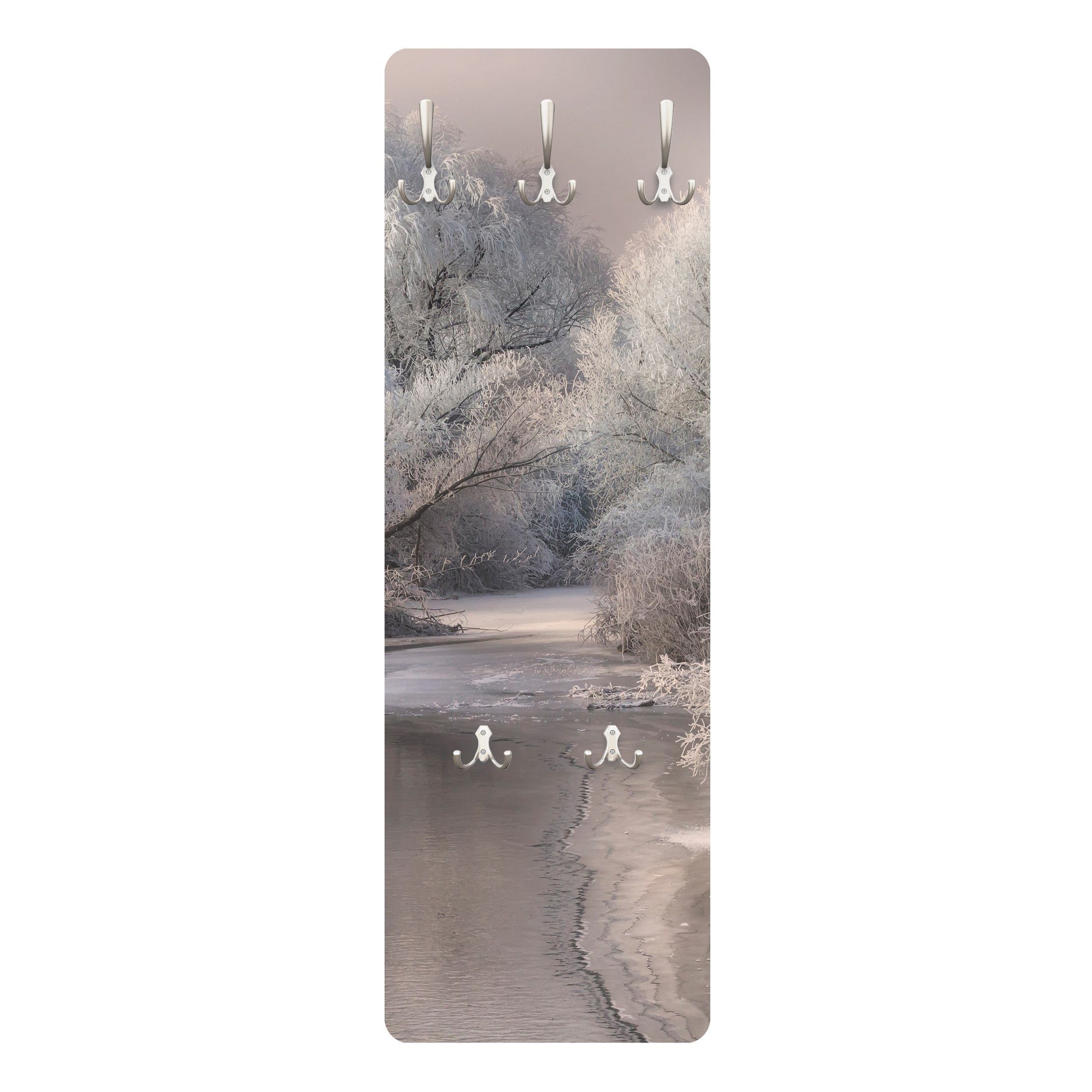 Bilderdepot24 Garderobenpaneel weiss Bäume Wald Natur Winter Song Design (ausgefallenes Flur Wandpaneel mit Garderobenhaken Kleiderhaken hängend), moderne Wandgarderobe - Flurgarderobe im schmalen Hakenpaneel Design