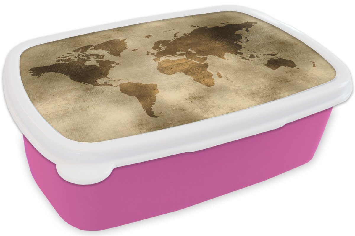 Lunchbox Brotdose Snackbox, Kinder, Mädchen, - Erwachsene, rosa Kunststoff, Aquarell MuchoWow Weltkarte Muster, - für (2-tlg), Brotbox Kunststoff