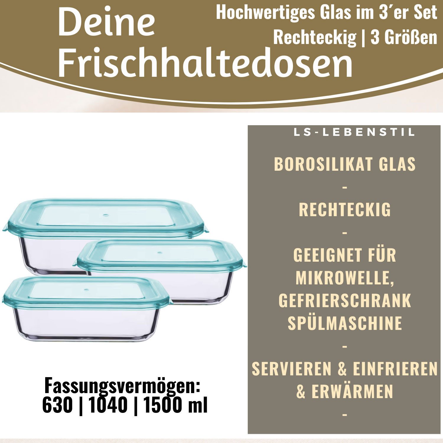 LS-LebenStil Frischhaltedose Glas Cook & Lock 3´er Set Glasschale mit Deckel Glasbehälter Boxen, Glas, (Glasdose mit Deckel, Borosilikatglas, Meal Prep Gläser V – Bild 2 von 5