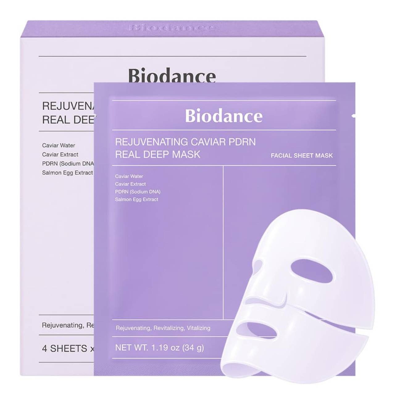 Biodance Gesichtsmaske Rejuvenating Caviar PDRN Real Deep Mask – Hydrogelmaske mit Caviarextrakt & PDRN – für glattere, gestärkte Haut – 4er Pack à 34 g –, koreanische Gesichtspflege für alle Hauttypen