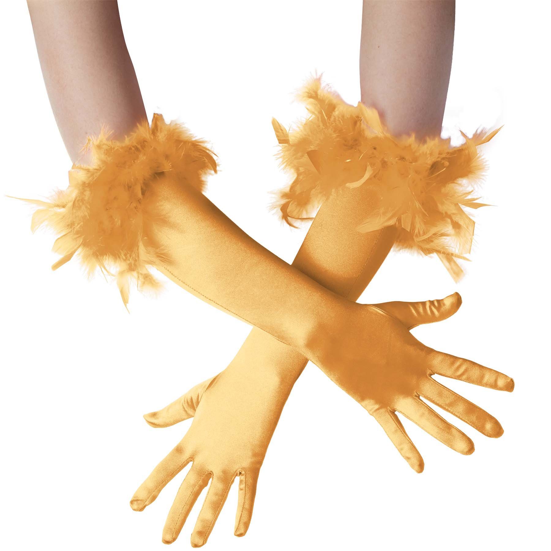 dressforfun Kostüm Lange Satin-Handschuhe mit Federn, Edle Satin-Handschuhe in Einheitsgröße