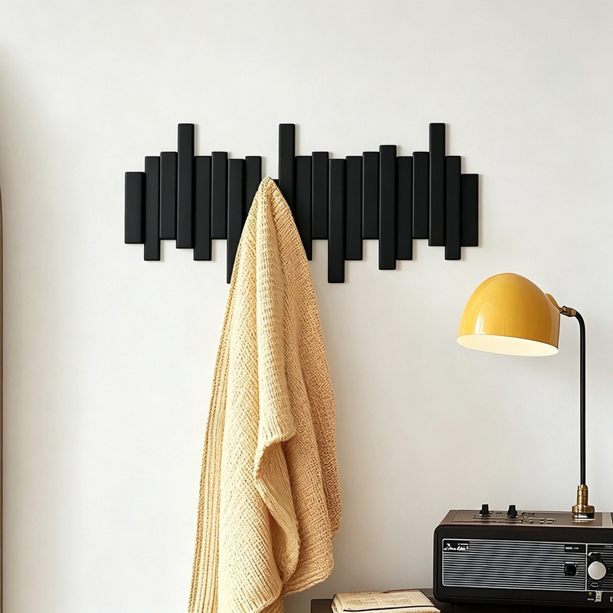 ibettertec Garderobenleiste Wandgarderobe,Hakenleiste aus Bambus,6 Haken für Kleidung, 6 bewegliche Haken,Ein-/ausklappbares Design, selbstklebend