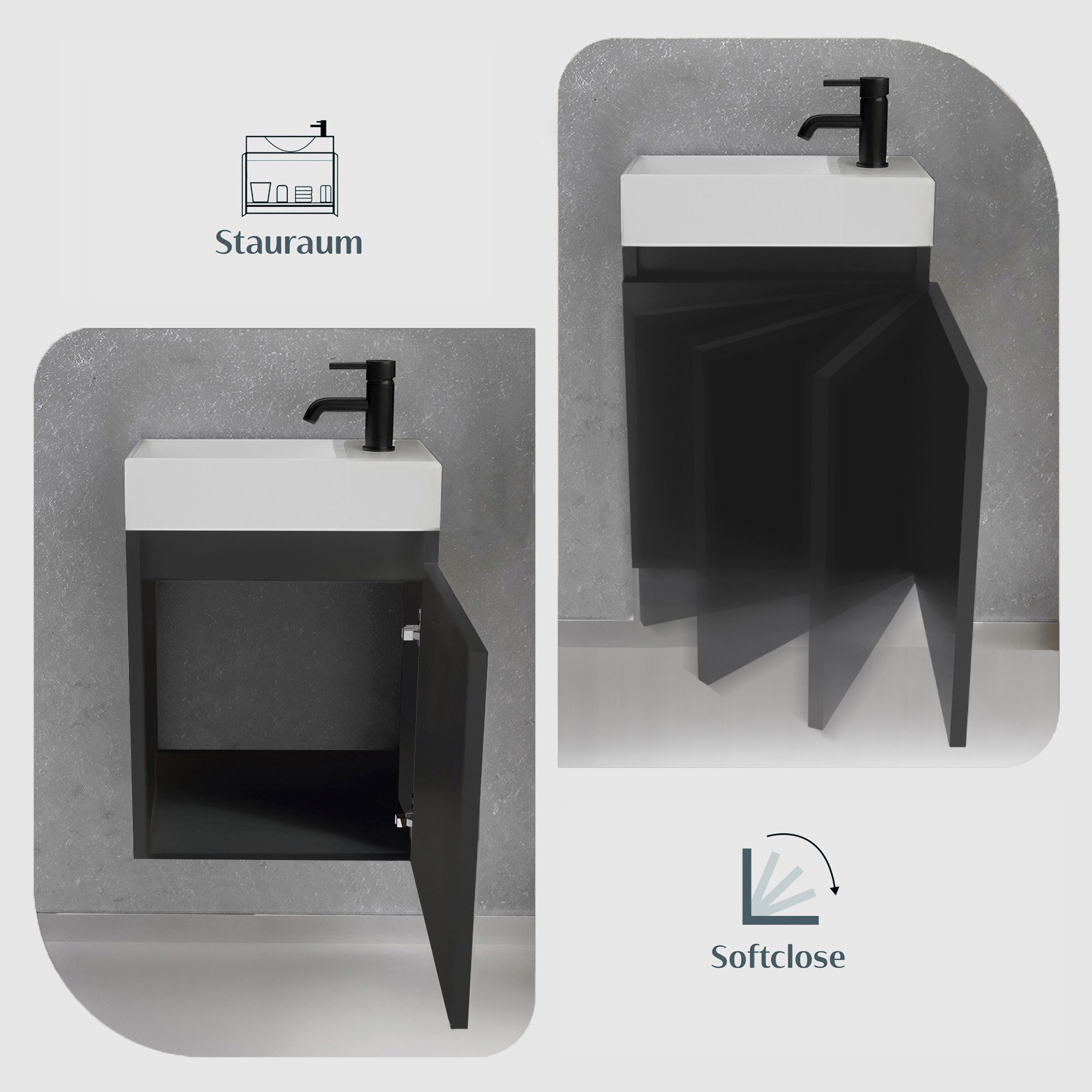 Alpenberger Badmöbel-Set Gäste WC Waschbecken mit Unterschrank - Badschrank Hängend, (2-tlg. Waschtisch Set Schwarz Matt, Waschbeckenunterschrank mit Softclose) – Bild 4 von 5