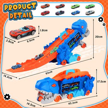 POPOLIC Spielzeug-Transporter 2-in-1-ultimativer T-Rex-Transporter mit Lichtern und Geräuschen, (Spielzeugaufbewahrung für 20 Autos, inklusive 8 Spielzeugautos), Spielzeug für Kinder ab 4 Jahren, Transporter, mit Rennstrecke