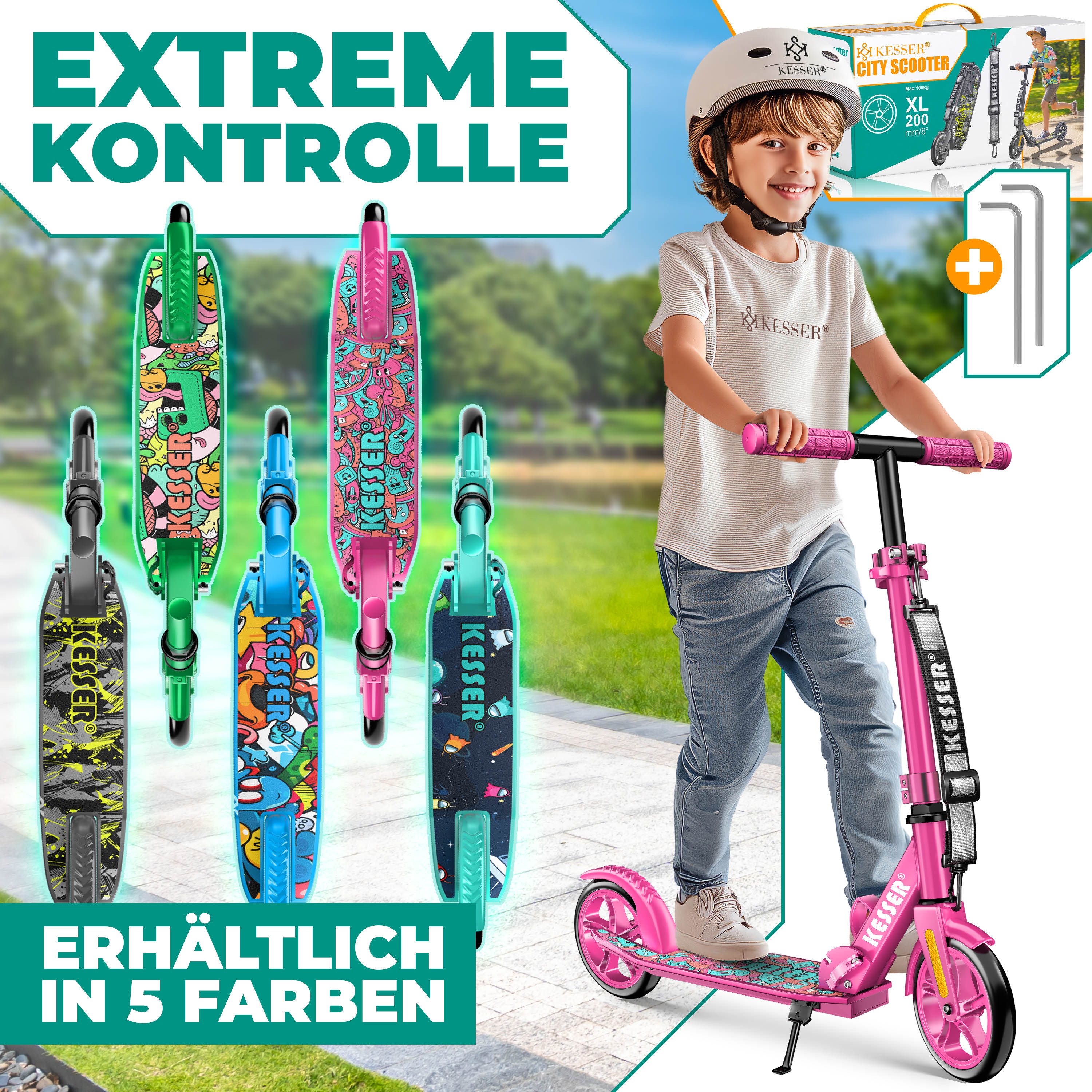 KESSER Scooter mit Hinterradbremse & rutschfeste Trittfläche, bis 100kg & 185cm Körpergröße, klappbar höhenverstellbar – Bild 3 von 5