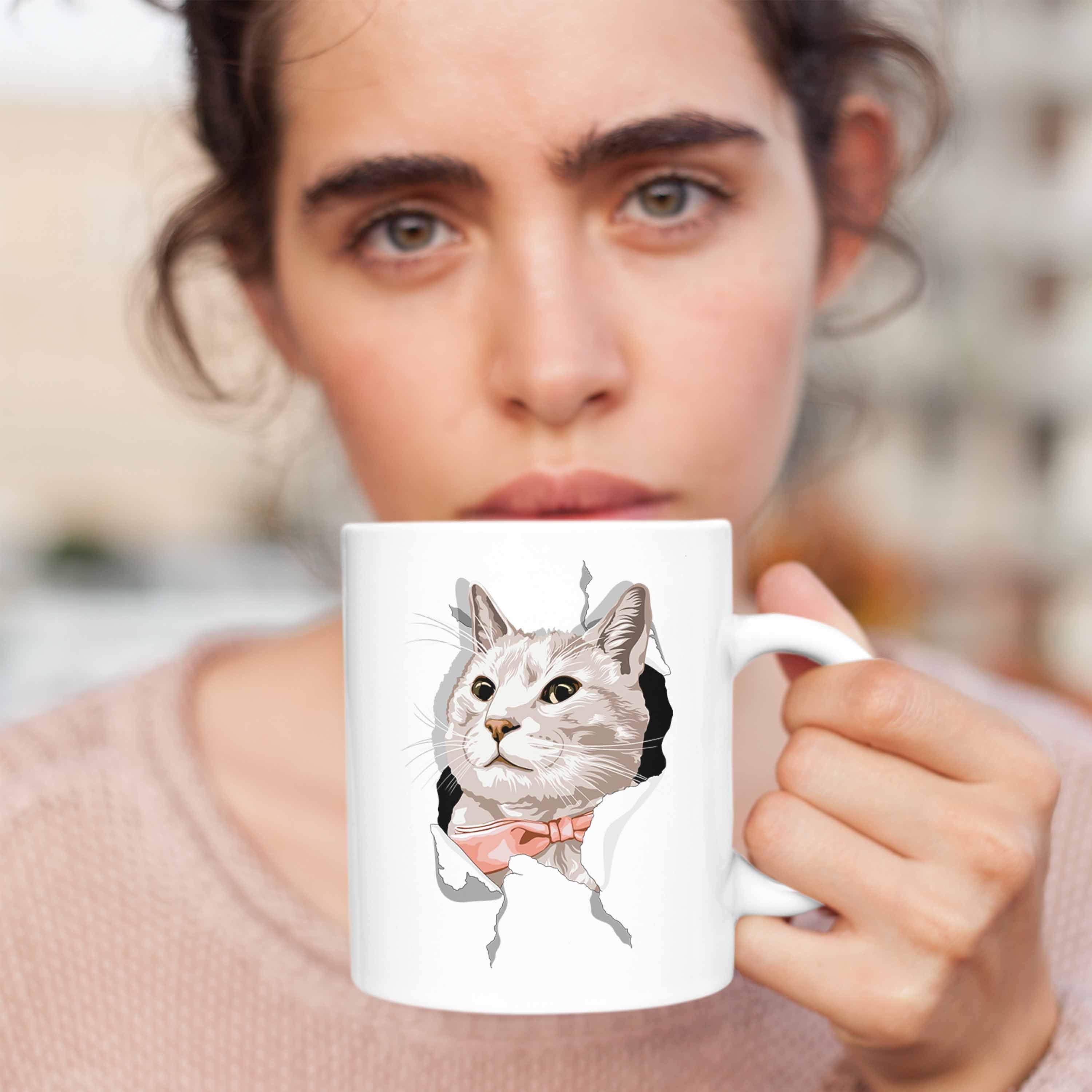 Geschenk Trendation Weiss Trendation 3D Katzengrafik Katzenbesitzerin Lustige Katzen - Tasse Geschenkidee Tasse