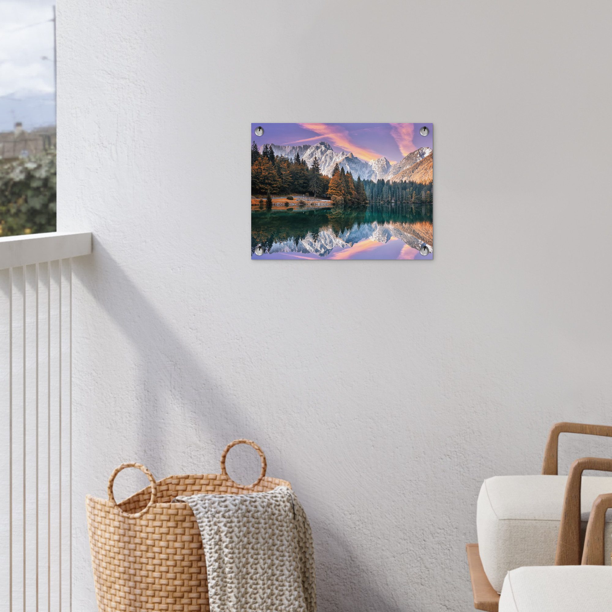 OnlyWow Poster für Garten Berg - Wald - Wasser - Himmel - Rosa - Lila, Gartenposter, Outdoor Bilder, Gartendekoration Bild, 40x30 cm