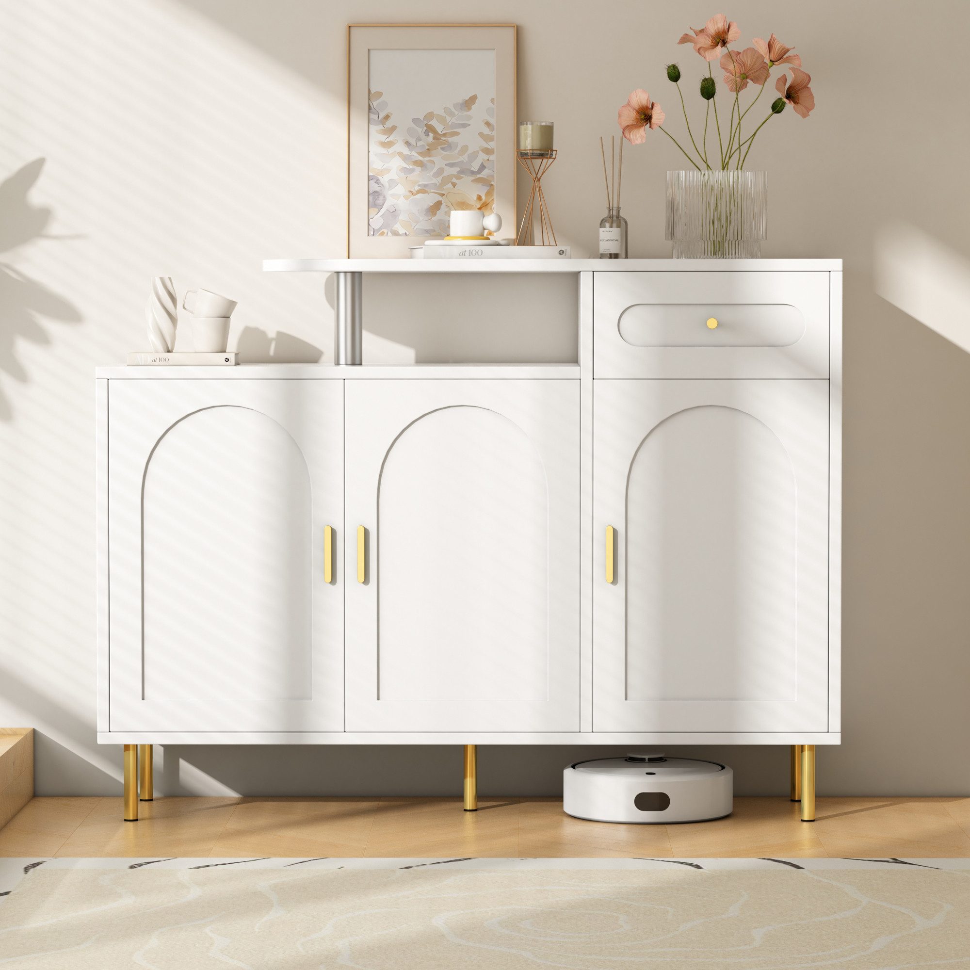 Flieks Kommode mit 1 Schublade und 3 Türen (B120/T35/H92 cm, 1 St., für Flur, Wohnzimmer, Schlafzimmer), Sideboard Schuhschrank Mehrzweckschrank mit verstellbare Einlegeböden