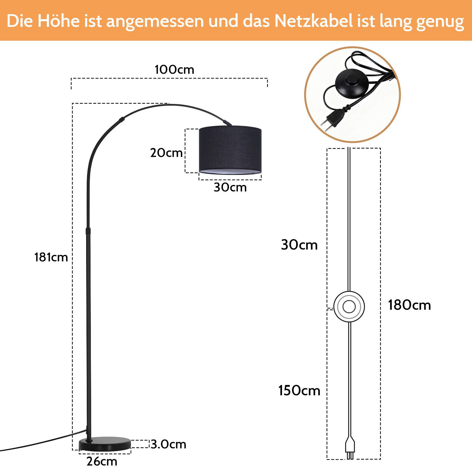 Nettlife Stehlampe Marmorsockel Bogenlampe schwarz Stoffschirm 181cm E27 Eisenständer, ohne Leuchtmittel, für Wohnzimmer Stoffschirm Ø30 cm 181 cm hoch, E27
