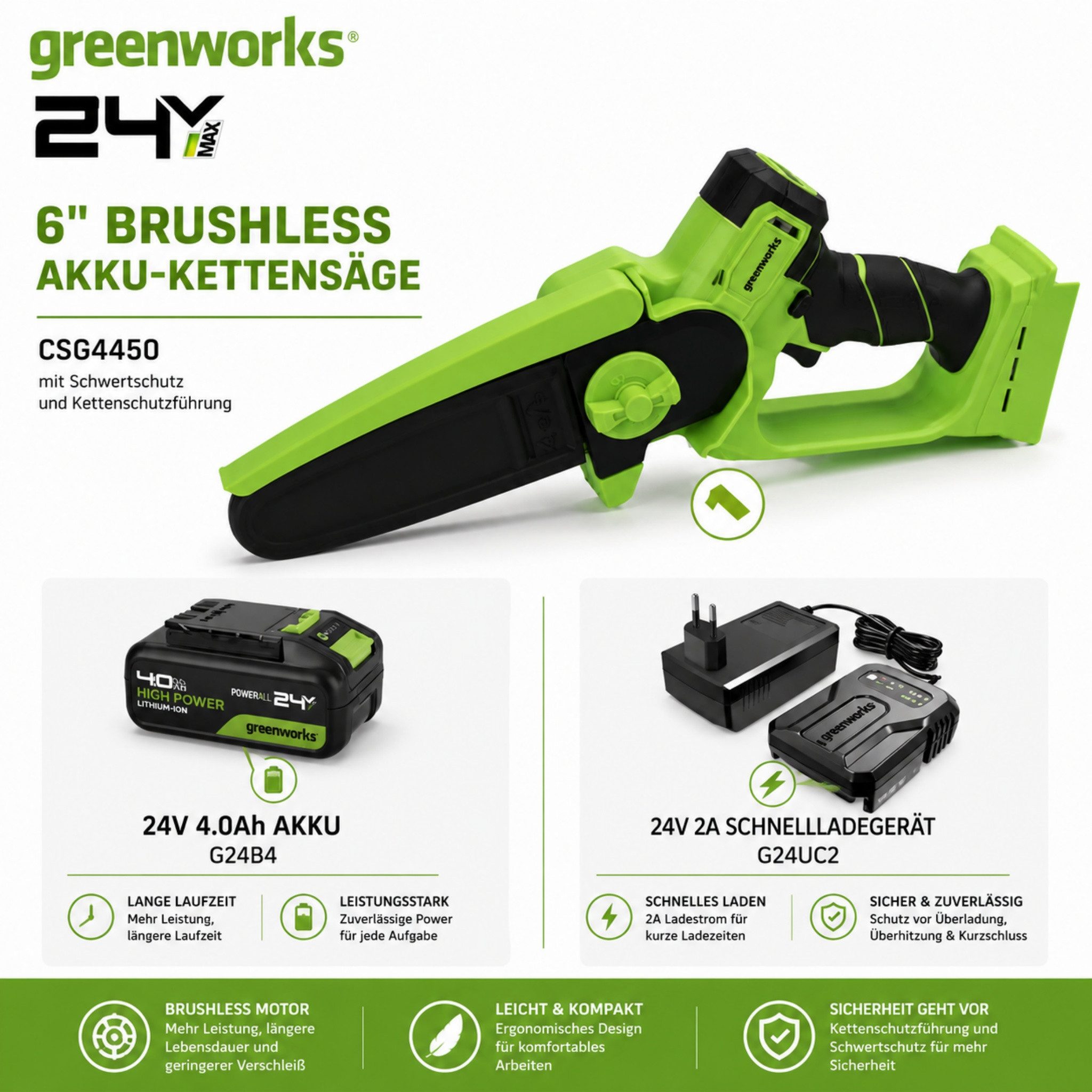 Greenworks Akku-Kettensäge Elektro-Kettensage 24V Brushless CSG4450 4.0Ah Akku & Schnellladegerät, 6''/12'' Mini Kettensäge automatischer Kettenschmierung für Heimbüro