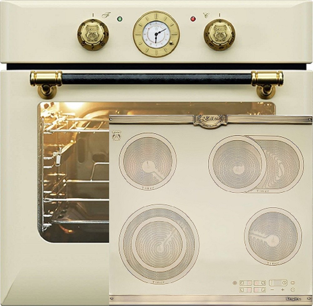 Kaiser Küchengeräte Backofen-Set Herd Set Autark Retro Einbau Backofen Elektro, 68 L mit Glaskeramik Kochfeld 60cm Einbau Herd 4 QuickHeat-Kochzonen Hi-Light EH 6432 ElfBE +KCT 6185 ElfEm, mit 1-fach-Teleskopauszug, Retro Einbau Backofen Elektro, 68 L+Glaskeramik Kochfeld 60 cm
