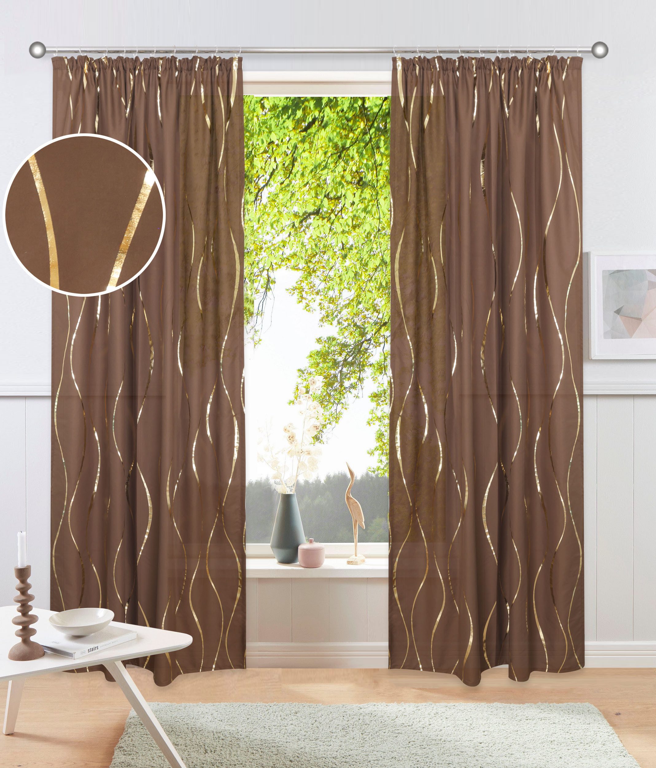 OTTO home Gardine Quinnton (2 St), Kräuselband, halbtransparent, Metallic‑Akzenten, Kräuselband, schöner Stoff, mittelleicht