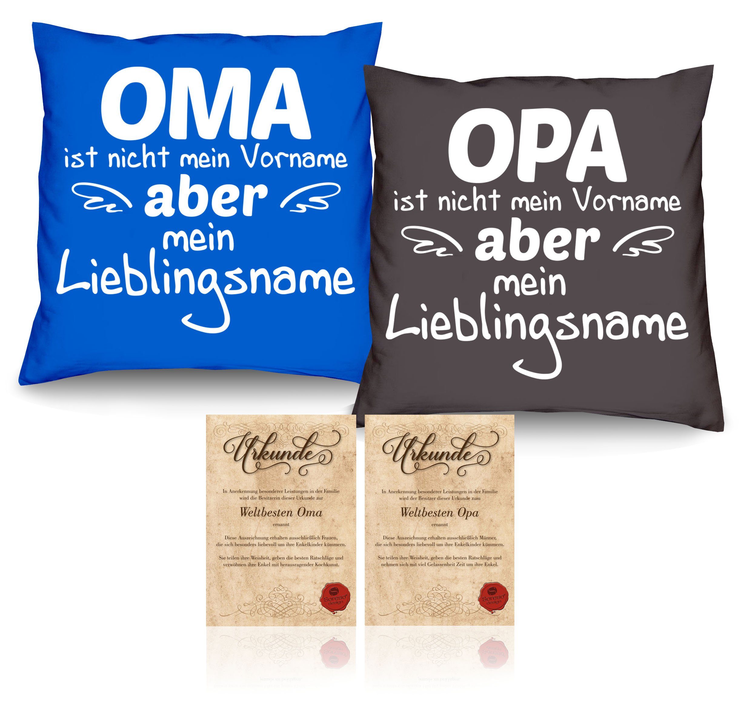 Soreso® Dekokissen Kissen-Set Oma Lieblingsname Opa Lieblingsname mit Urkunden, Weihnachtsgeschenk für Großeltern anthrazit