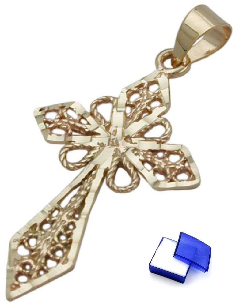 unbespielt Kreuzanhänger Anhänger filigranes Kreuz 375 Gold 27 x 16 mm kl. Schmuckbox, Goldschmuck für Damen und Herren