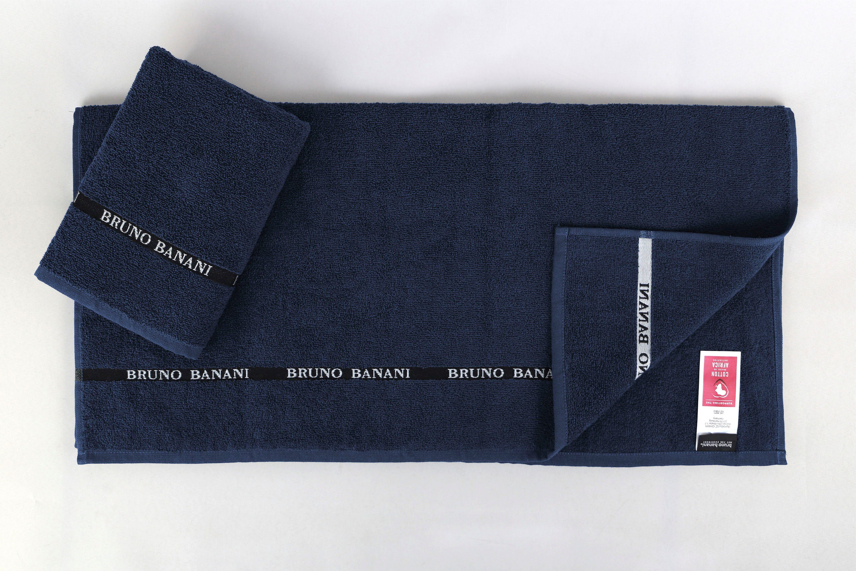Bruno Banani Walkfrottier, 100% aus Handtuch-Set einfarbiges Handtuch marine mit Baumwolle Danny, (Set, 6-tlg), Set Logostreifen