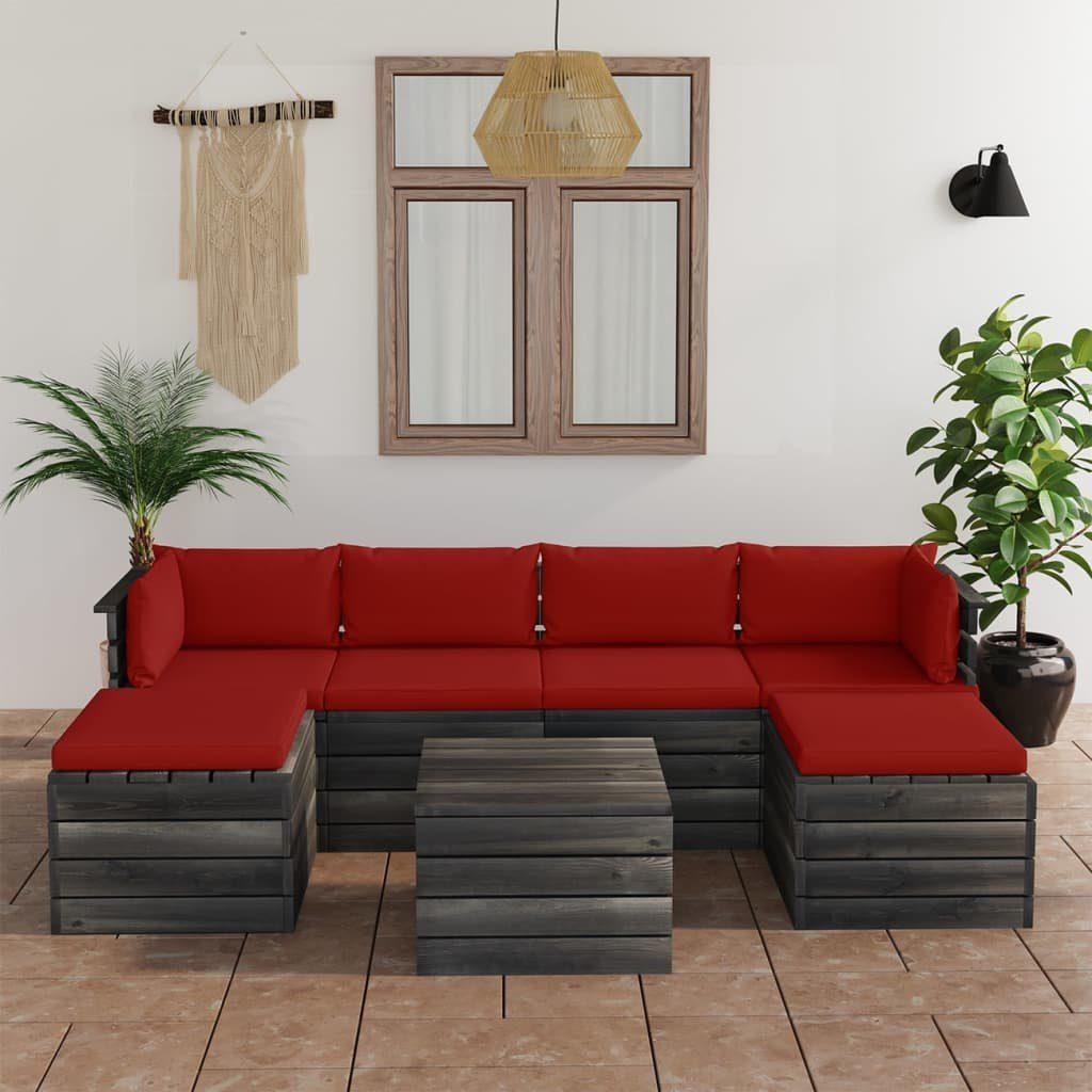 vidaXL Gartenlounge-Set 7-tlg. Garten-Sofagarnitur aus Paletten mit Kissen Kiefernholz, (7-tlg) Rot