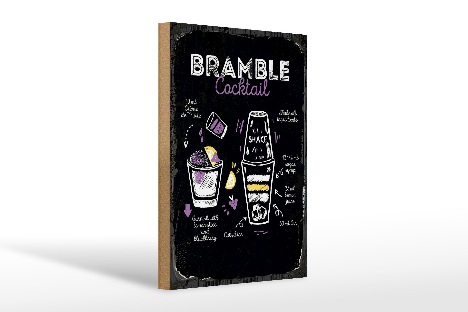 Holzbild Rezept Bramble Cocktail Recipe 20x30cm