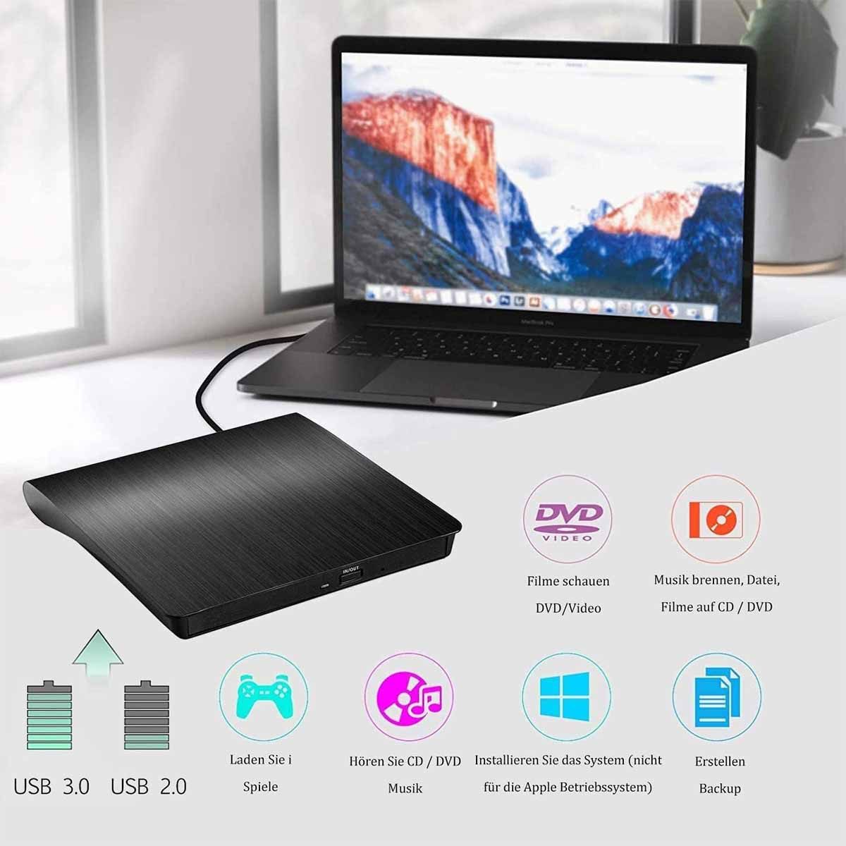 KINSI USB3.0 Externes optisches Laufwerk Mobiler DVD-Brenner CD-Brenner (DVD 8x/CD 24x, Antriebslose Installation, Plug and Play)