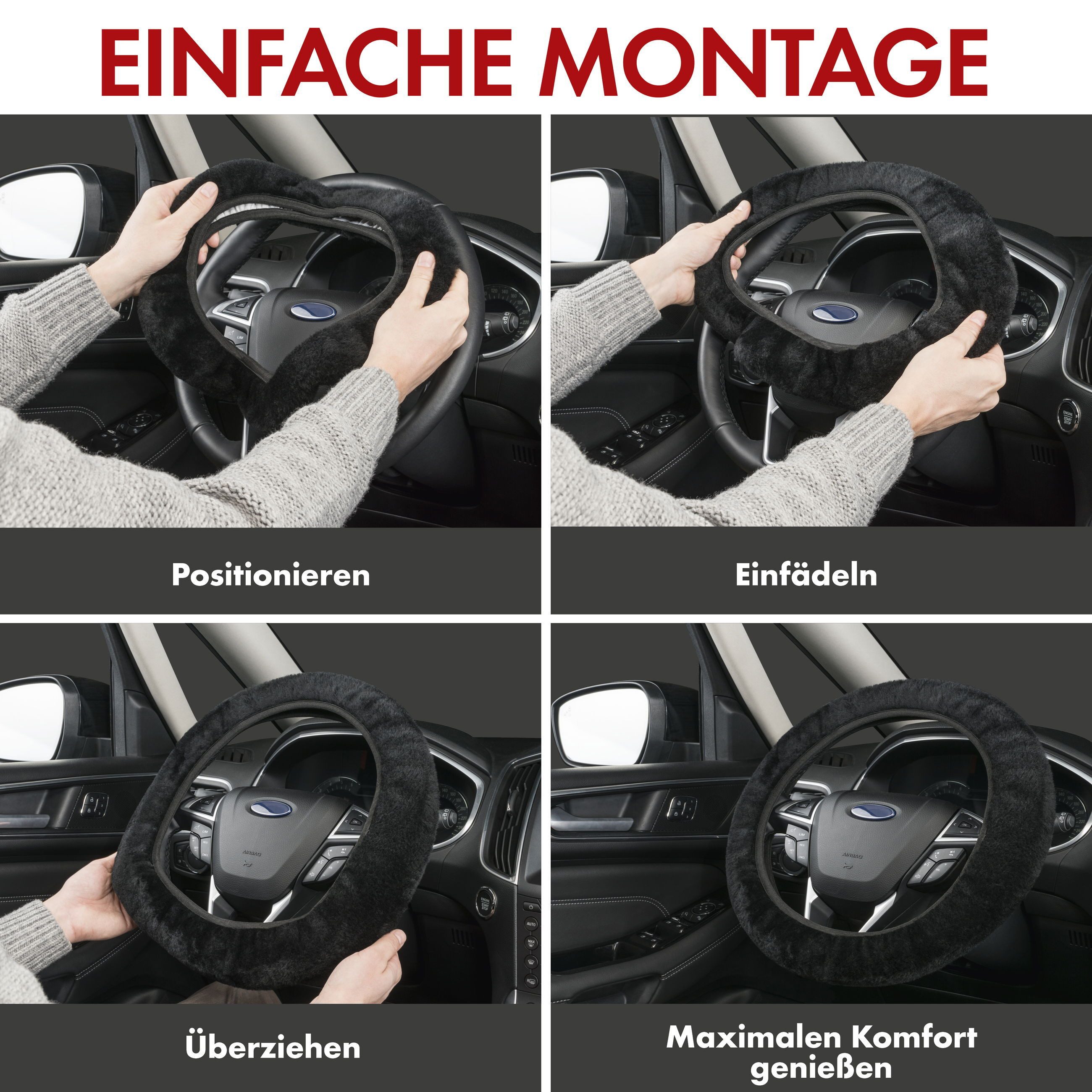 WALSER Car Seat Cover Steering Wheel Cover Lambskin, 1 piece, 1-piece