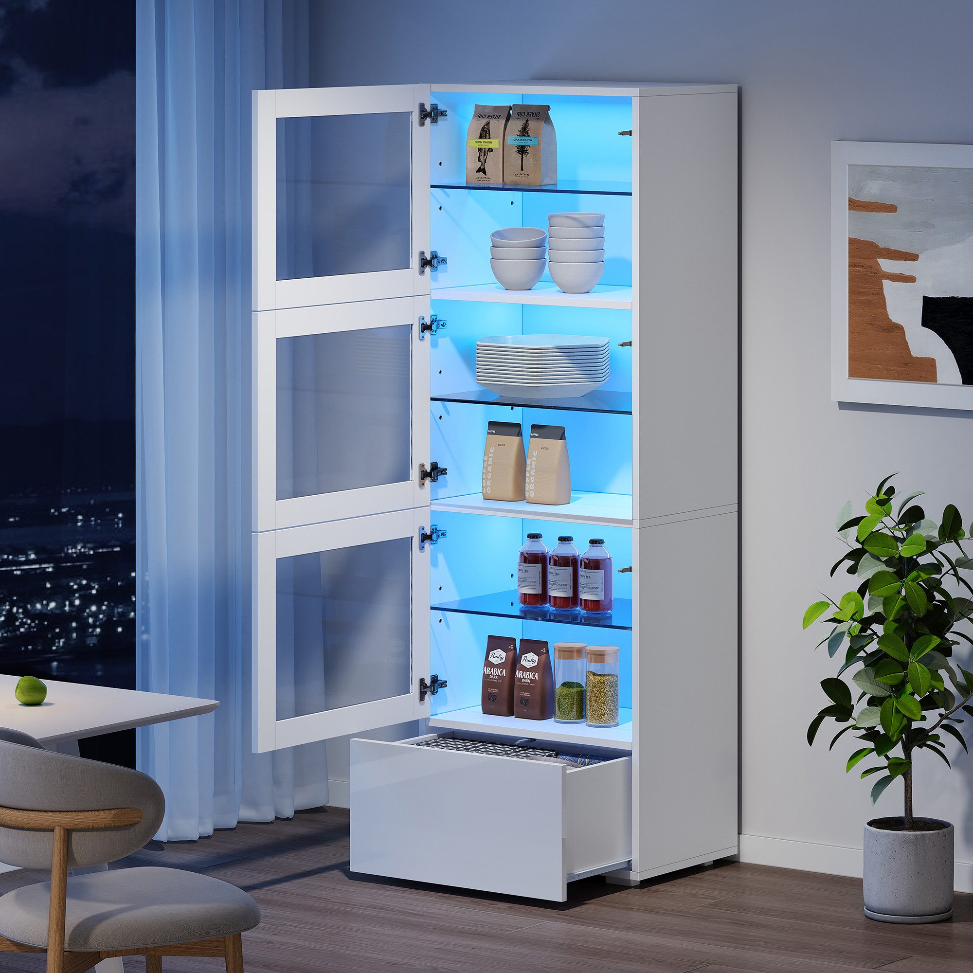 HAUSS SPOLE Vitrine mit LED&Acryltüren,Standvitrine Hochschrank mit Glasboden&Schubladen (Highboard, Sofaschrank, 1-St., 60*40*173cm) mit LED-Beleuchtung, 3 Glasboden
